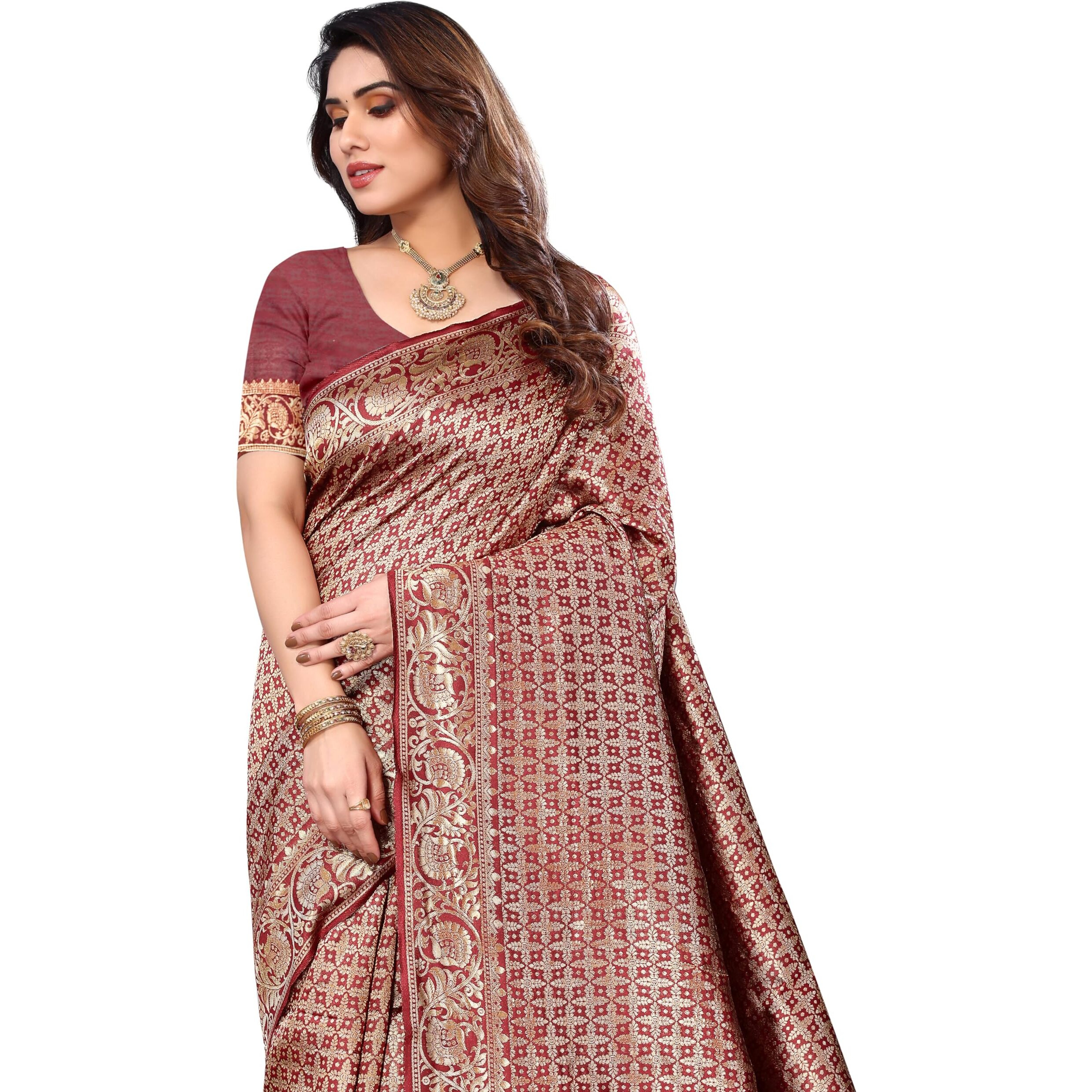 Sidhidata Womens Banarasi Jacquard Silk Saree With Unstitched Blouse Piece (Silk Kasturi Maroon_Maroon_Free Size)