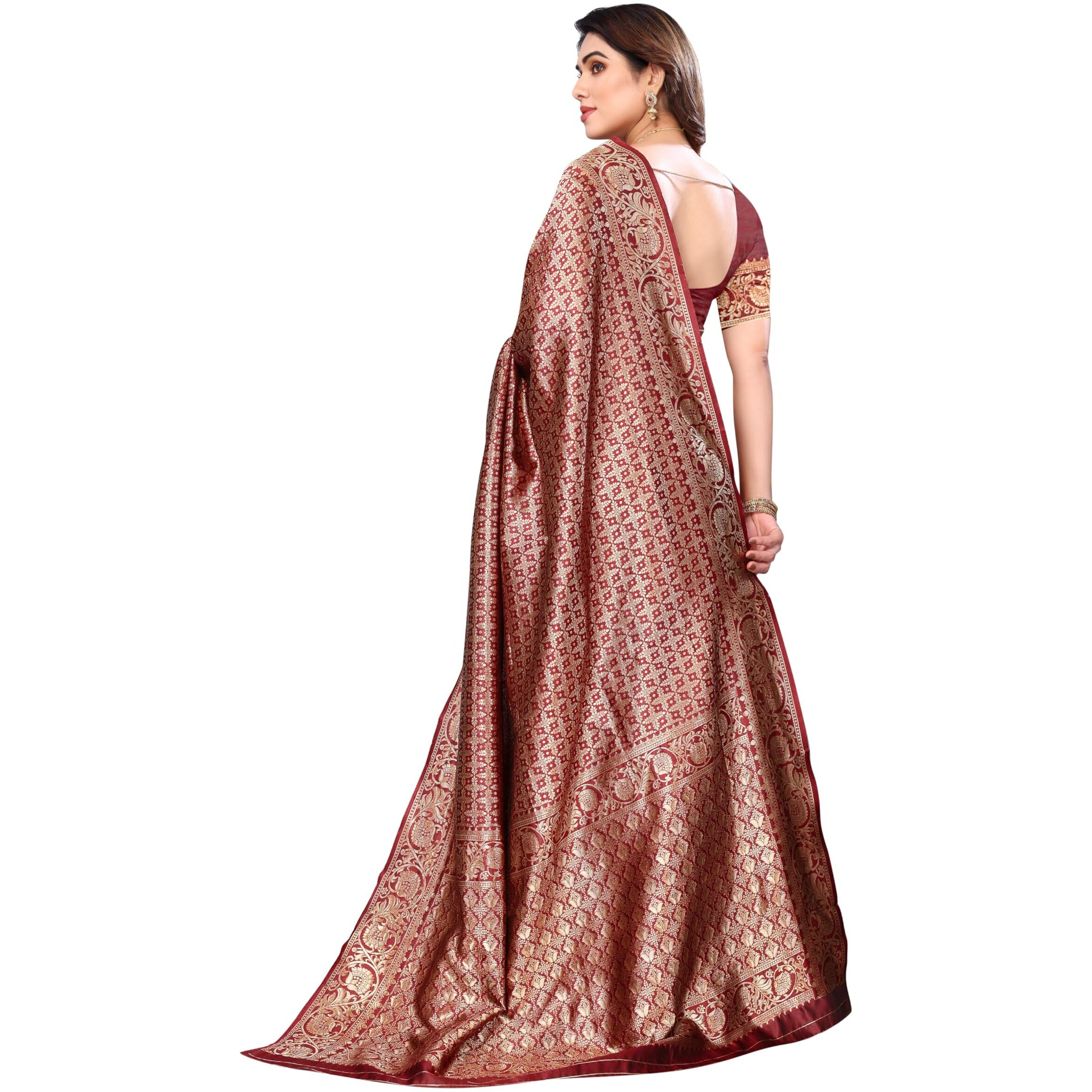 Sidhidata Womens Banarasi Jacquard Silk Saree With Unstitched Blouse Piece (Silk Kasturi Maroon_Maroon_Free Size)