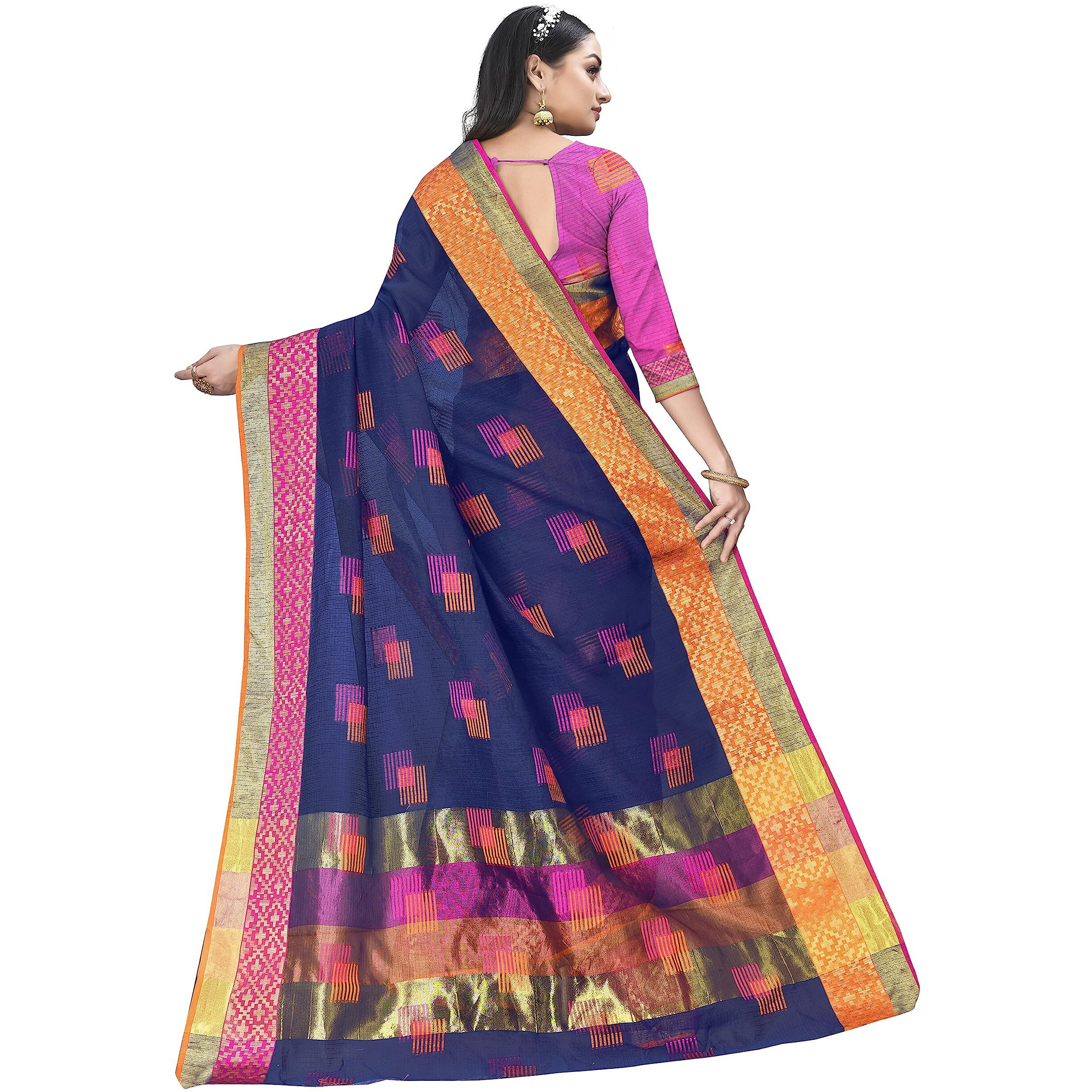 Sidhidata Womens Embroidered Cotton Linen Silver Zari Patta Saree With Unstitched Blouse Piece (Z Navy Blue)