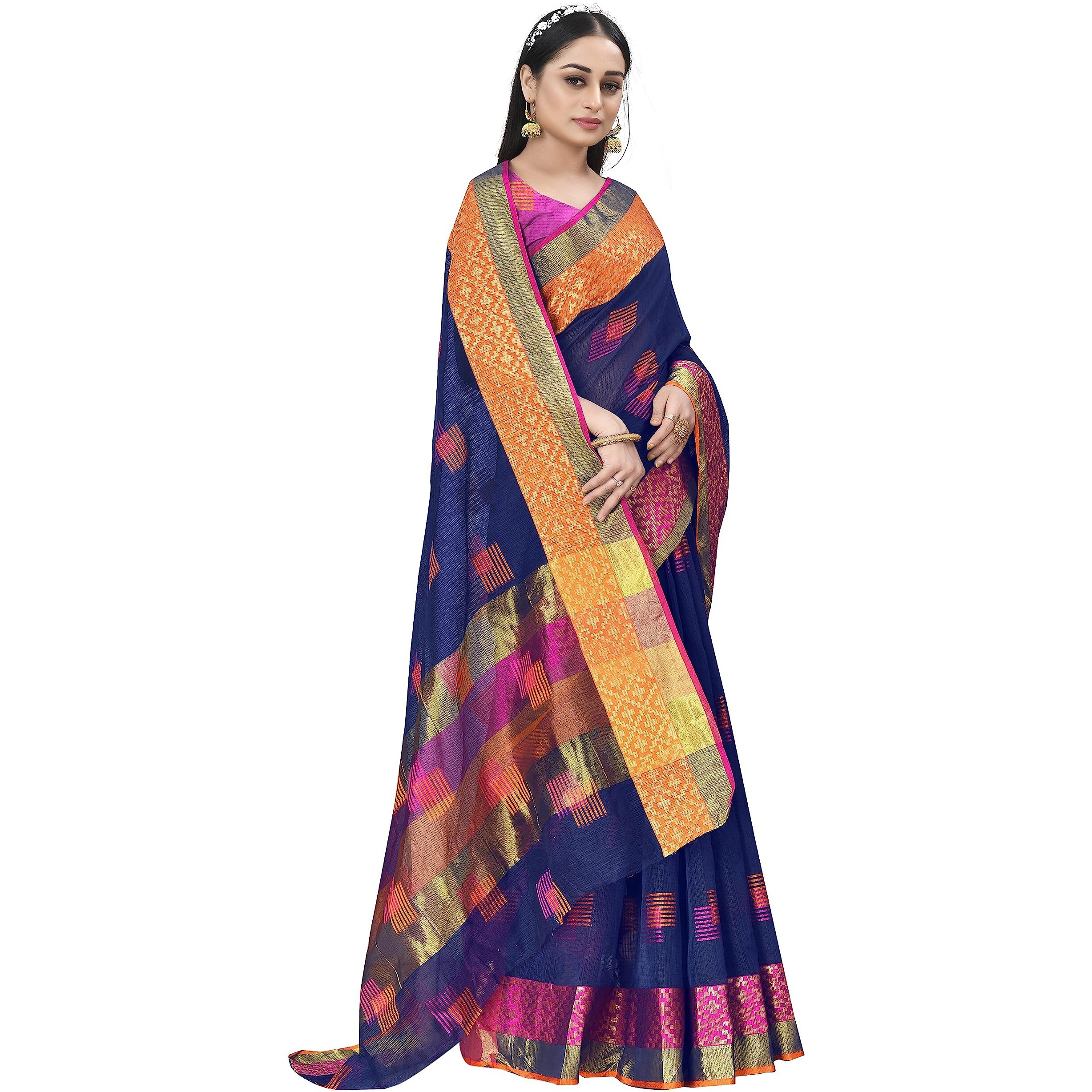 Sidhidata Womens Embroidered Cotton Linen Silver Zari Patta Saree With Unstitched Blouse Piece (Z Navy Blue)