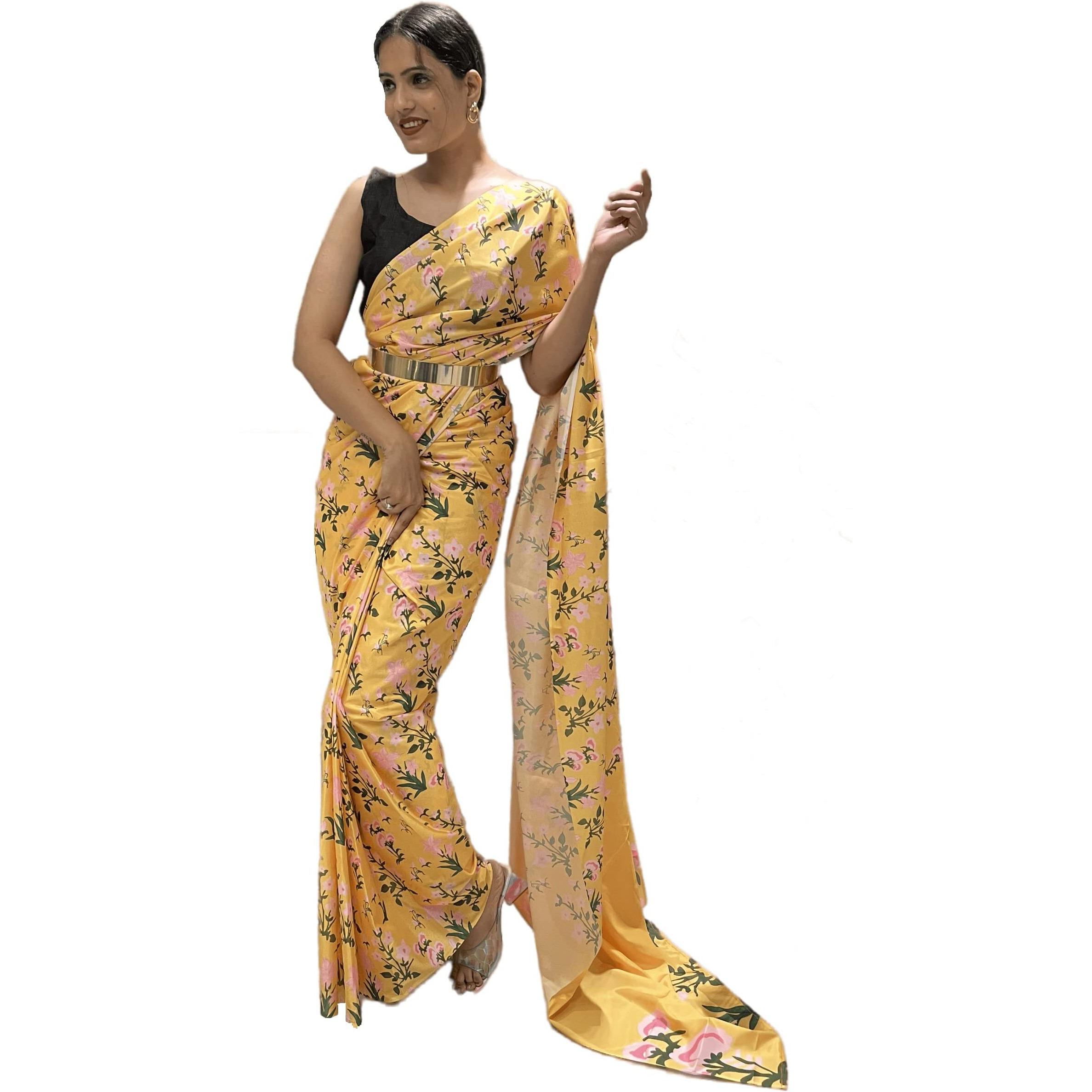 Sidhidata Womens Chiffon Georgette Printed Ready To Wear saree With Unstitched Blouse Piece (Srivalli Yellow With Belt_Yellow_Free Size)