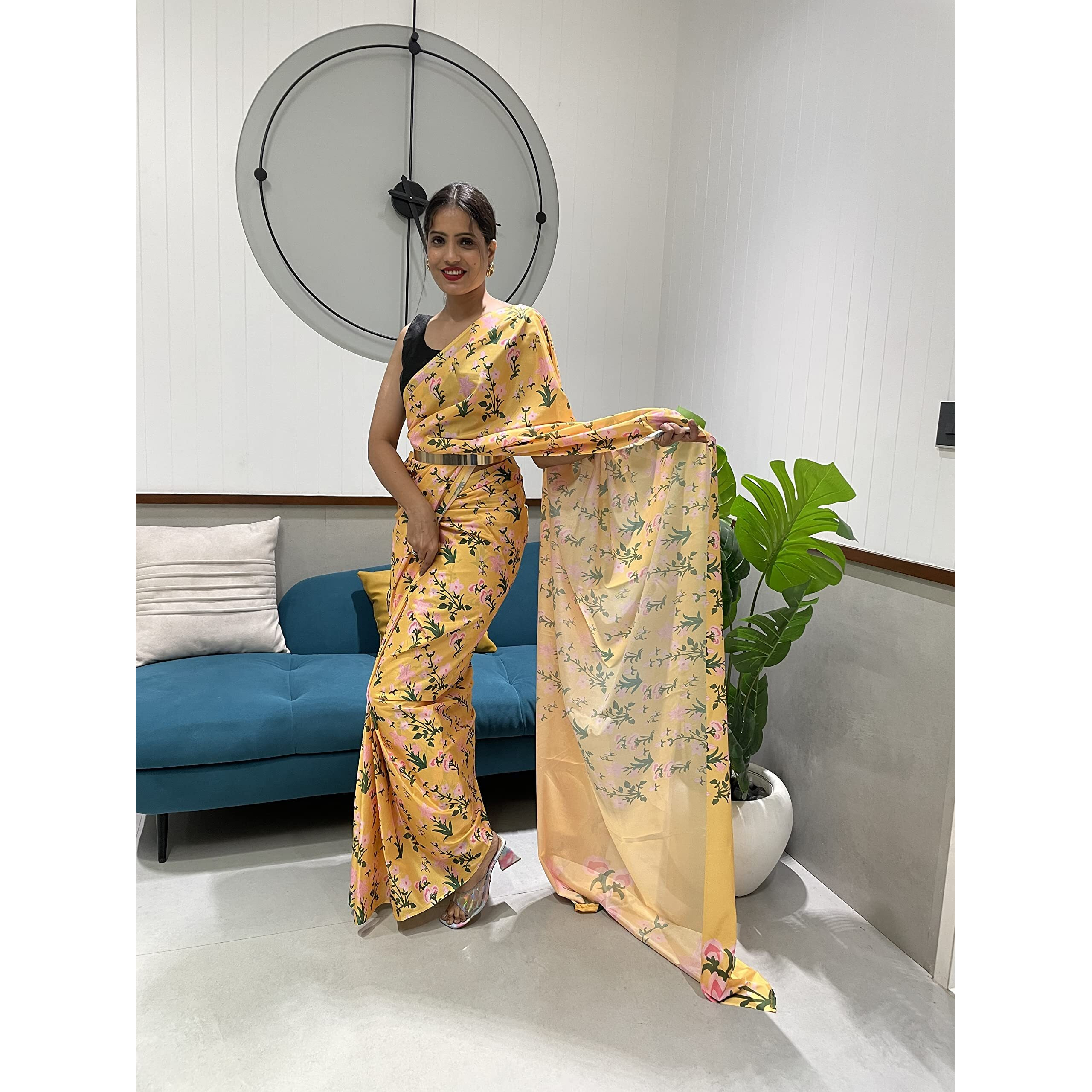 Sidhidata Womens Chiffon Georgette Printed Ready To Wear saree With Unstitched Blouse Piece (Srivalli Yellow With Belt_Yellow_Free Size)
