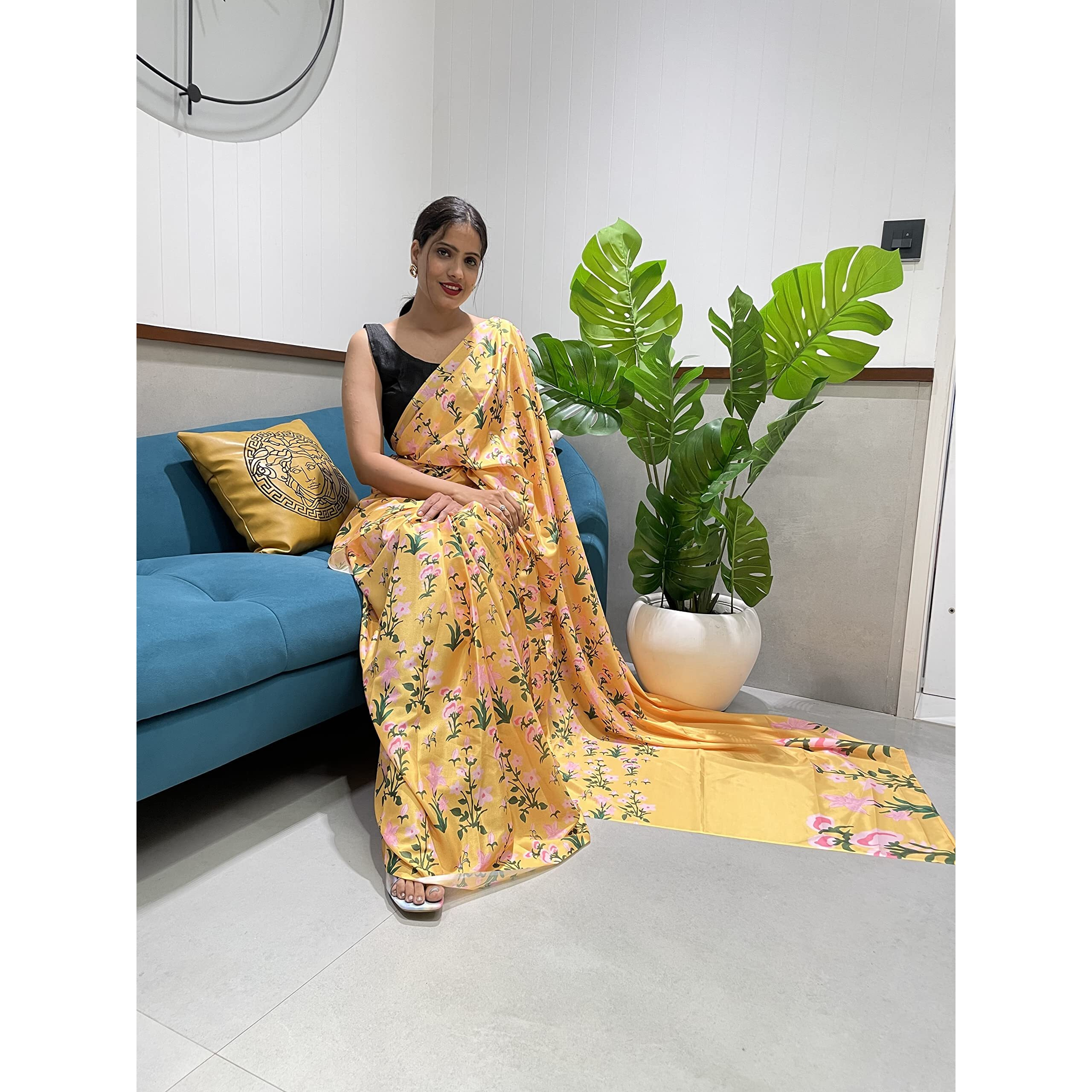 Sidhidata Womens Chiffon Georgette Printed Ready To Wear saree With Unstitched Blouse Piece (Srivalli Yellow With Belt_Yellow_Free Size)