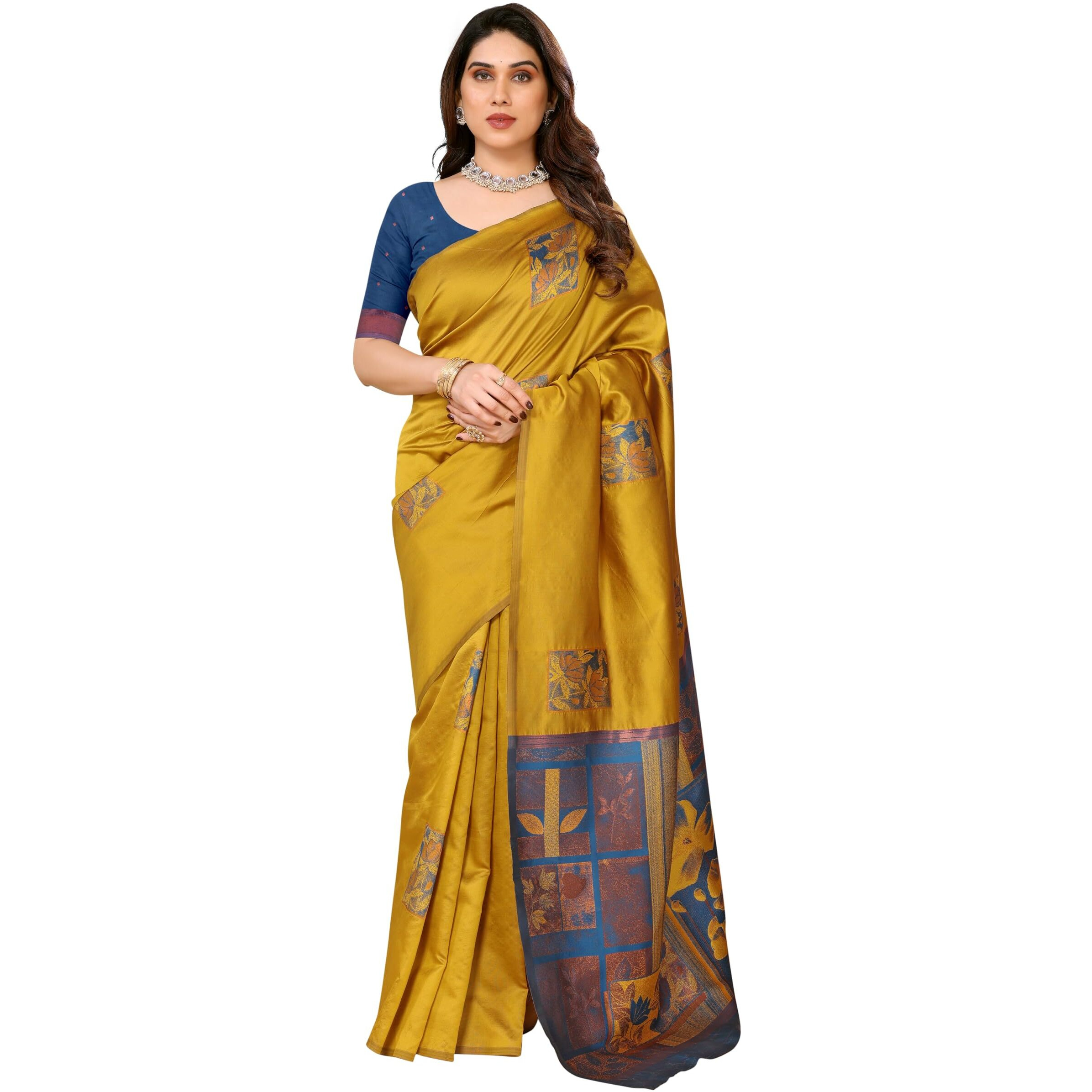 Sidhidata Womens Kanjivaram Banarasi Soft Silk Saree With Unstitched Blouse Piece (Silk Box Flower Mustard_Mustard_Free Size)