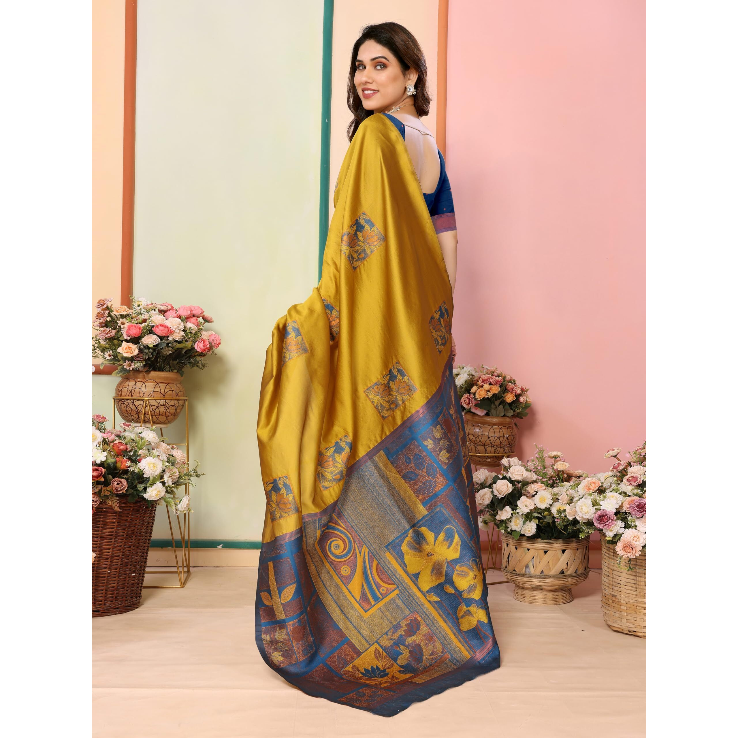 Sidhidata Womens Kanjivaram Banarasi Soft Silk Saree With Unstitched Blouse Piece (Silk Box Flower Mustard_Mustard_Free Size)