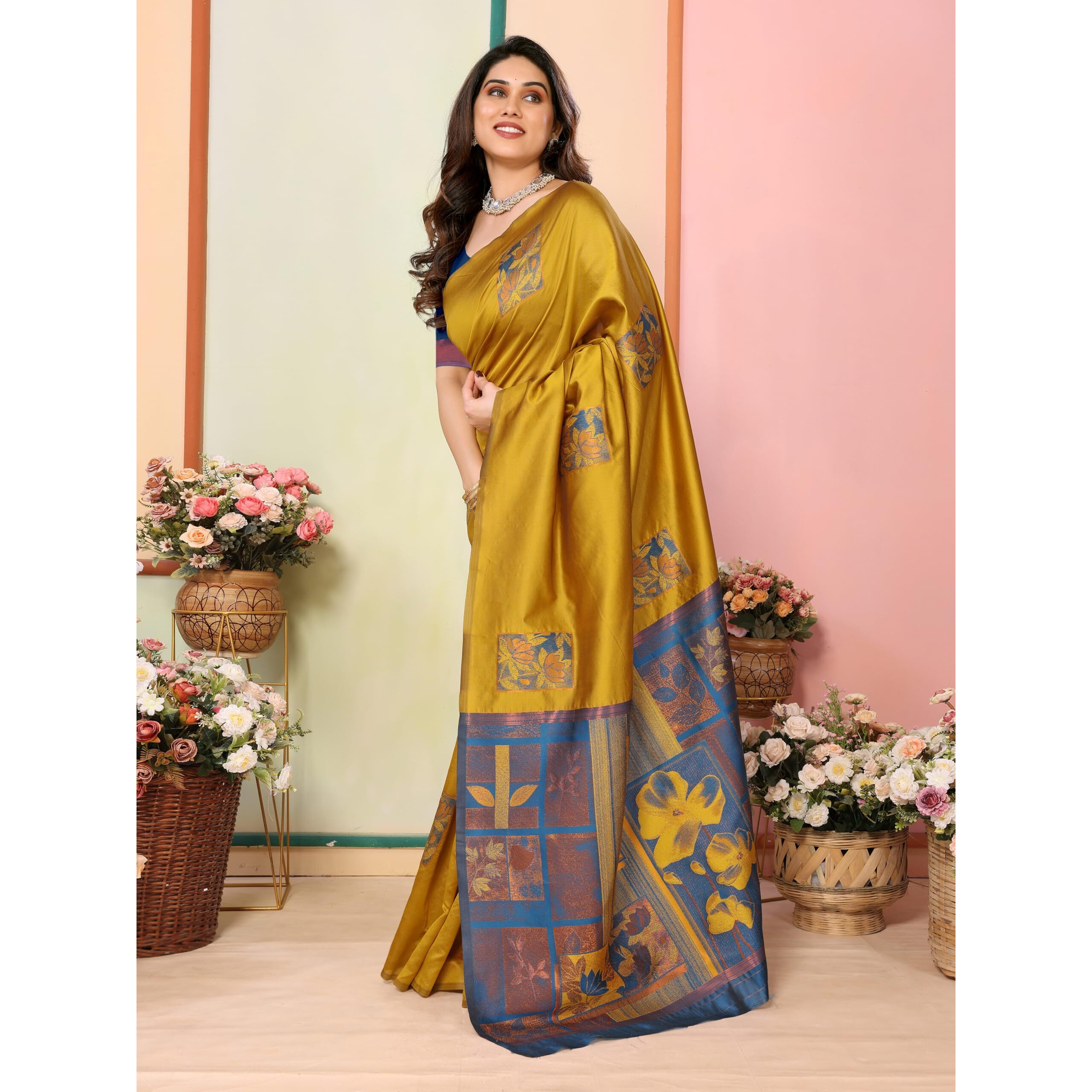 Sidhidata Womens Kanjivaram Banarasi Soft Silk Saree With Unstitched Blouse Piece (Silk Box Flower Mustard_Mustard_Free Size)