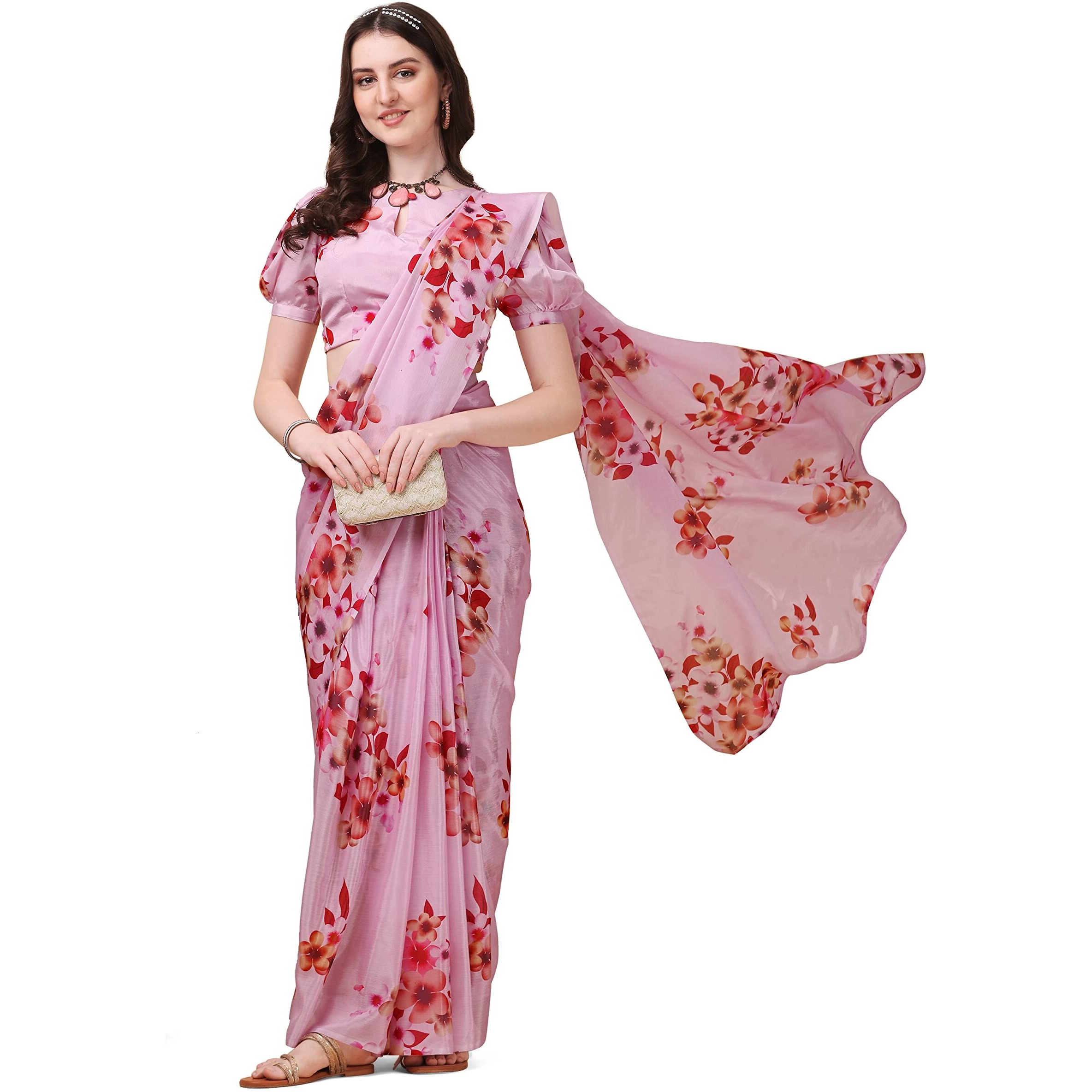 Sidhidata Womens Chifon Georgette Printed Ready To Wear Draped Saree With Unstitched Blouse Piece (Mogra Pink_Pink_Free Size)