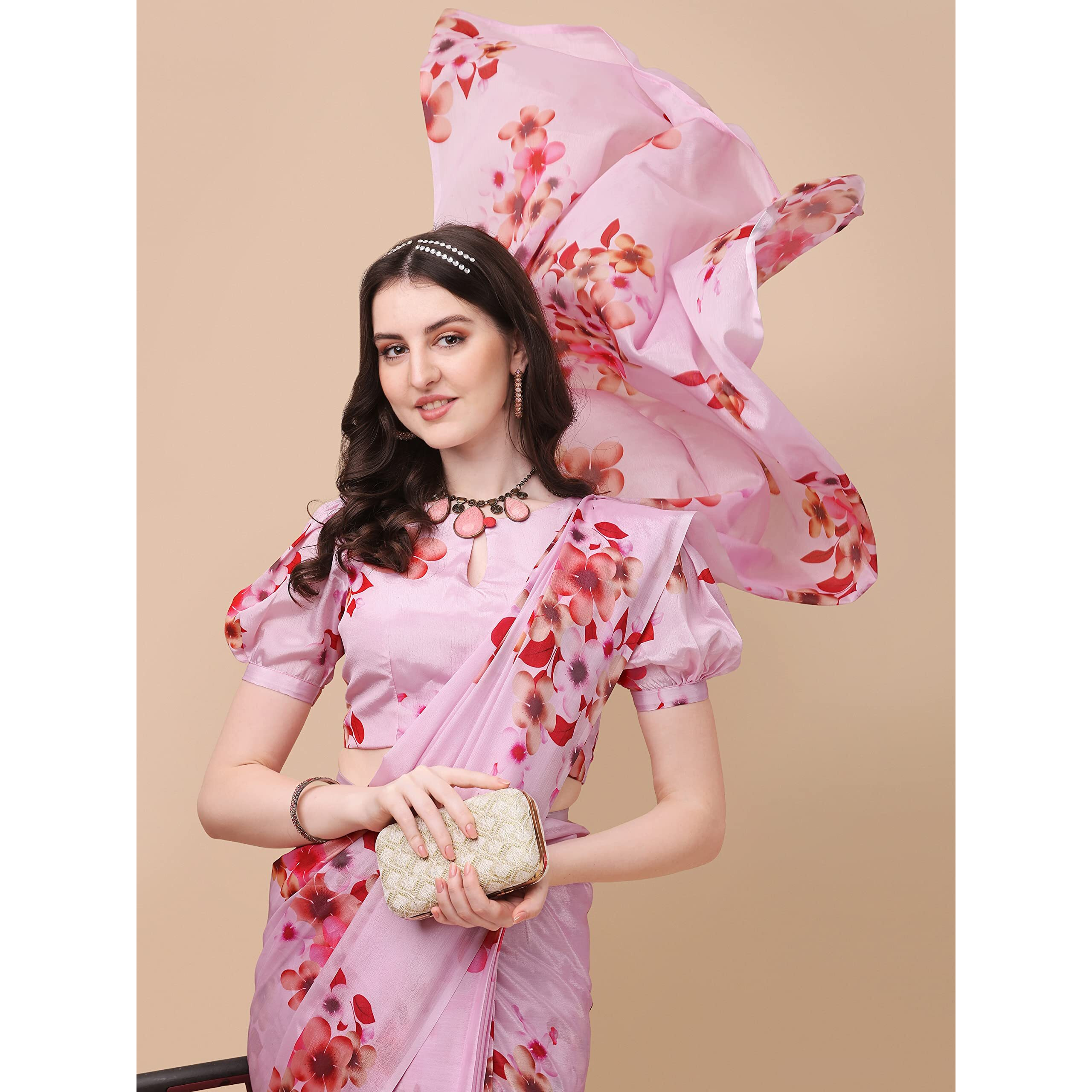 Sidhidata Womens Chifon Georgette Printed Ready To Wear Draped Saree With Unstitched Blouse Piece (Mogra Pink_Pink_Free Size)