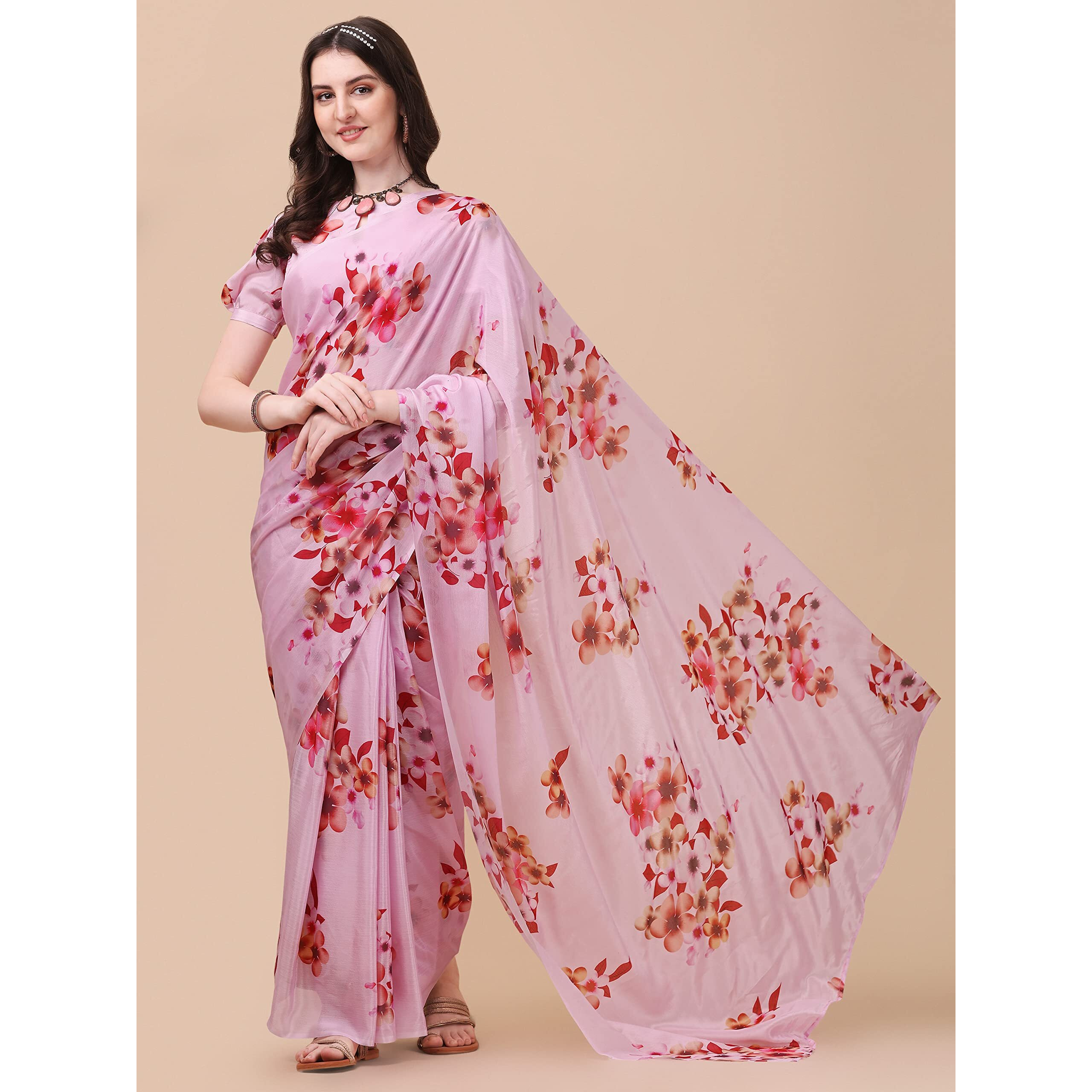 Sidhidata Womens Chifon Georgette Printed Ready To Wear Draped Saree With Unstitched Blouse Piece (Mogra Pink_Pink_Free Size)