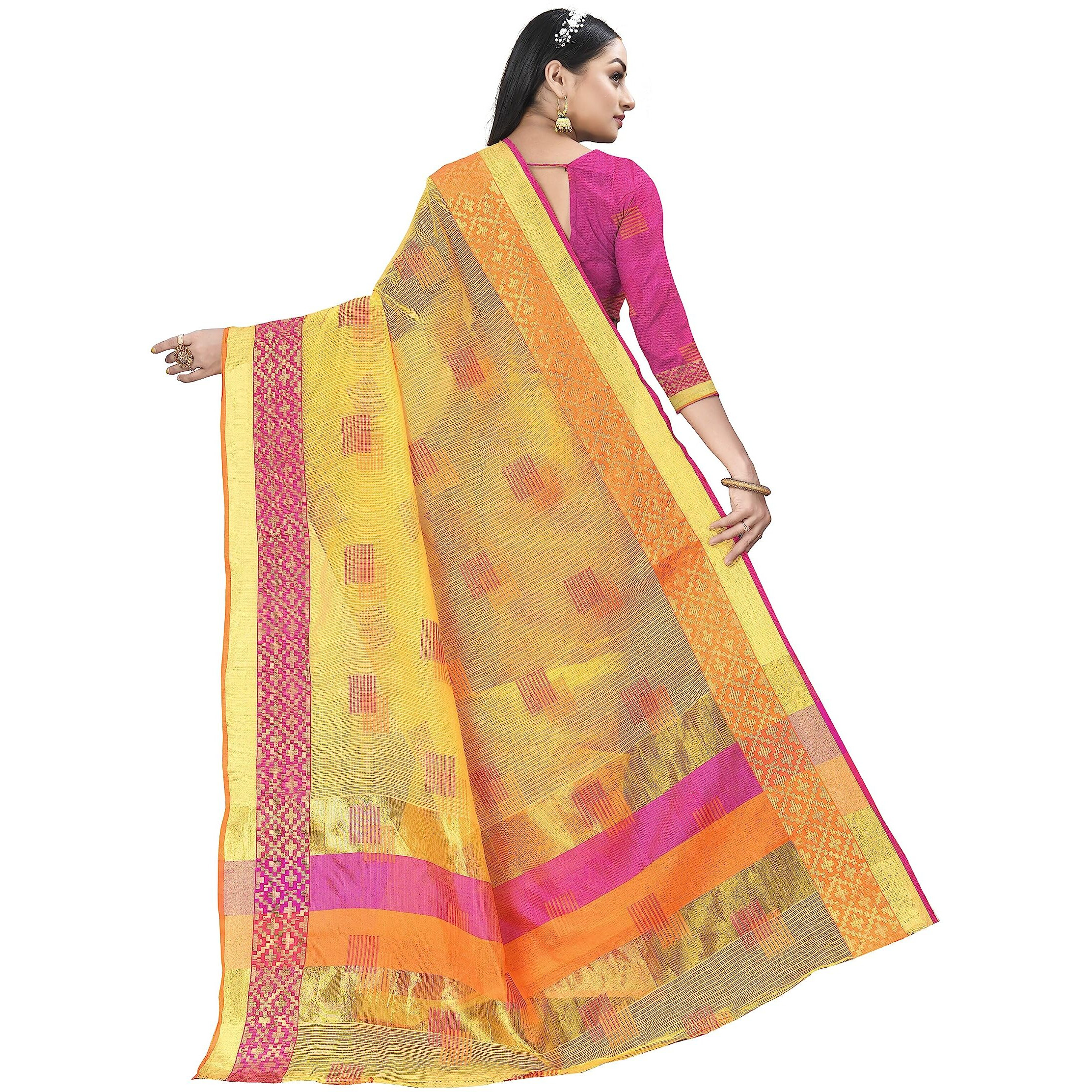 Sidhidata Womens Embroidered Cotton Linen Silver Zari Patta Saree With Unstitched Blouse Piece (Z Yellow)