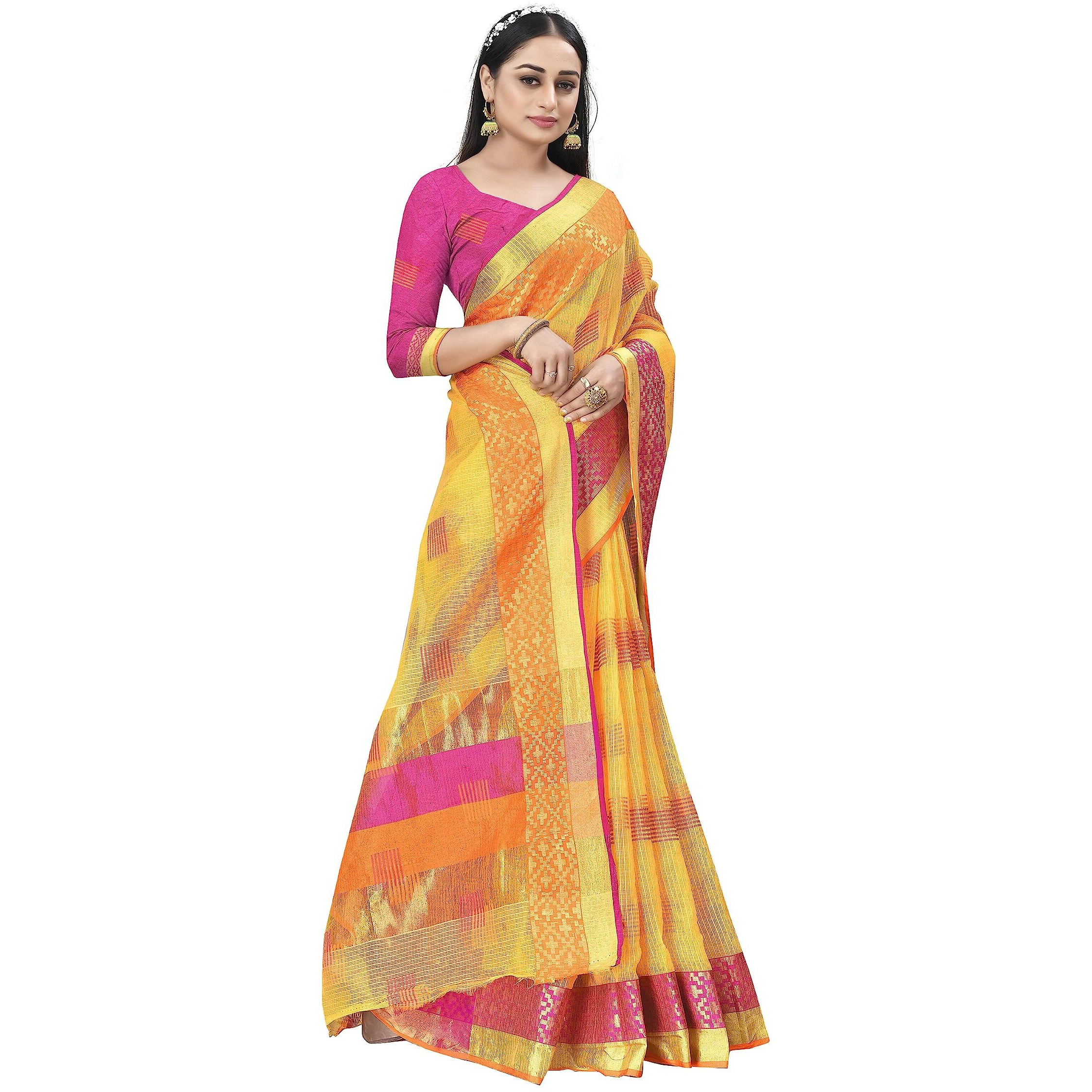 Sidhidata Womens Embroidered Cotton Linen Silver Zari Patta Saree With Unstitched Blouse Piece (Z Yellow)