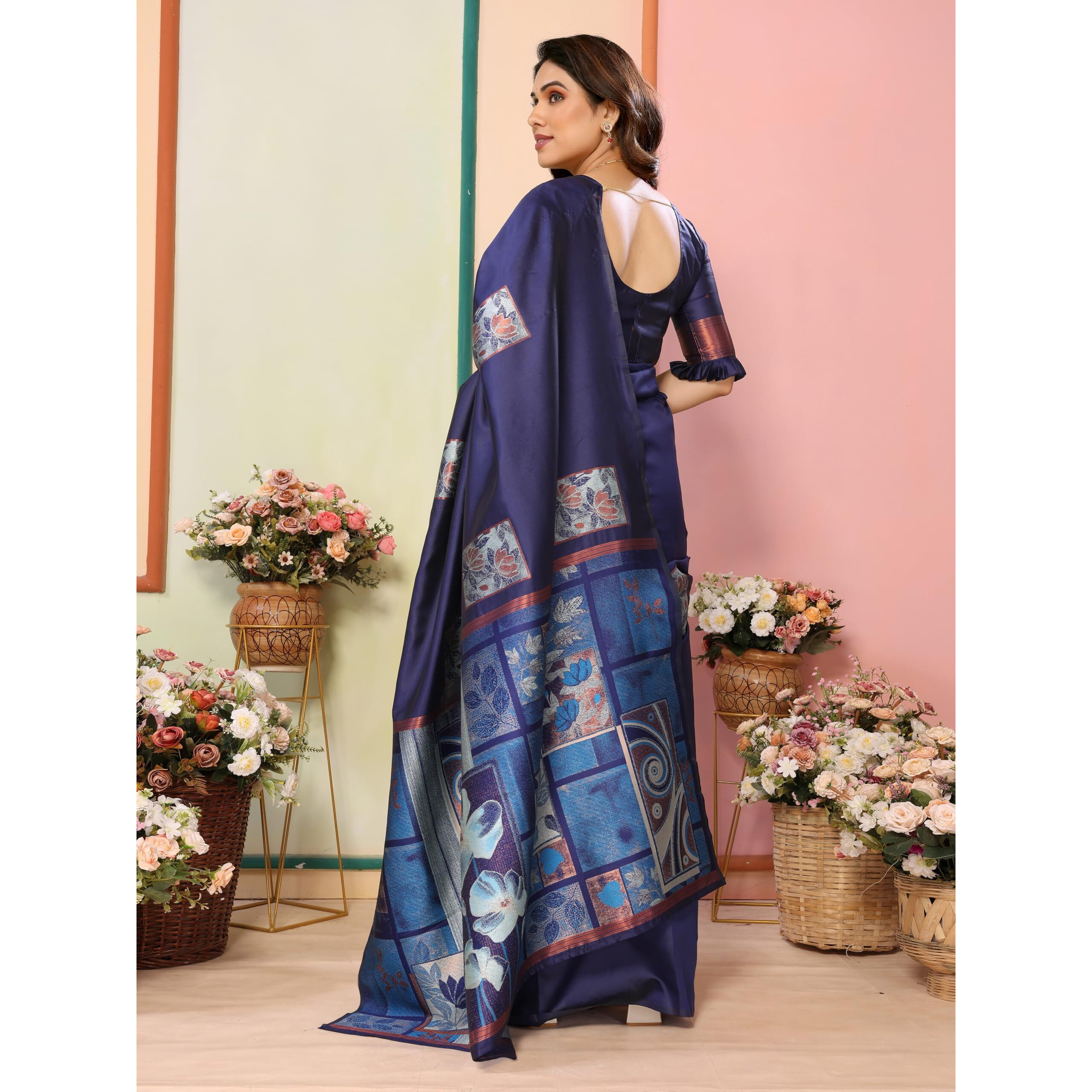 Sidhidata Womens Kanjivaram Banarasi Soft Silk Saree With Unstitched Blouse Piece (Silk Box Flower Navy_Navy_Free Size)
