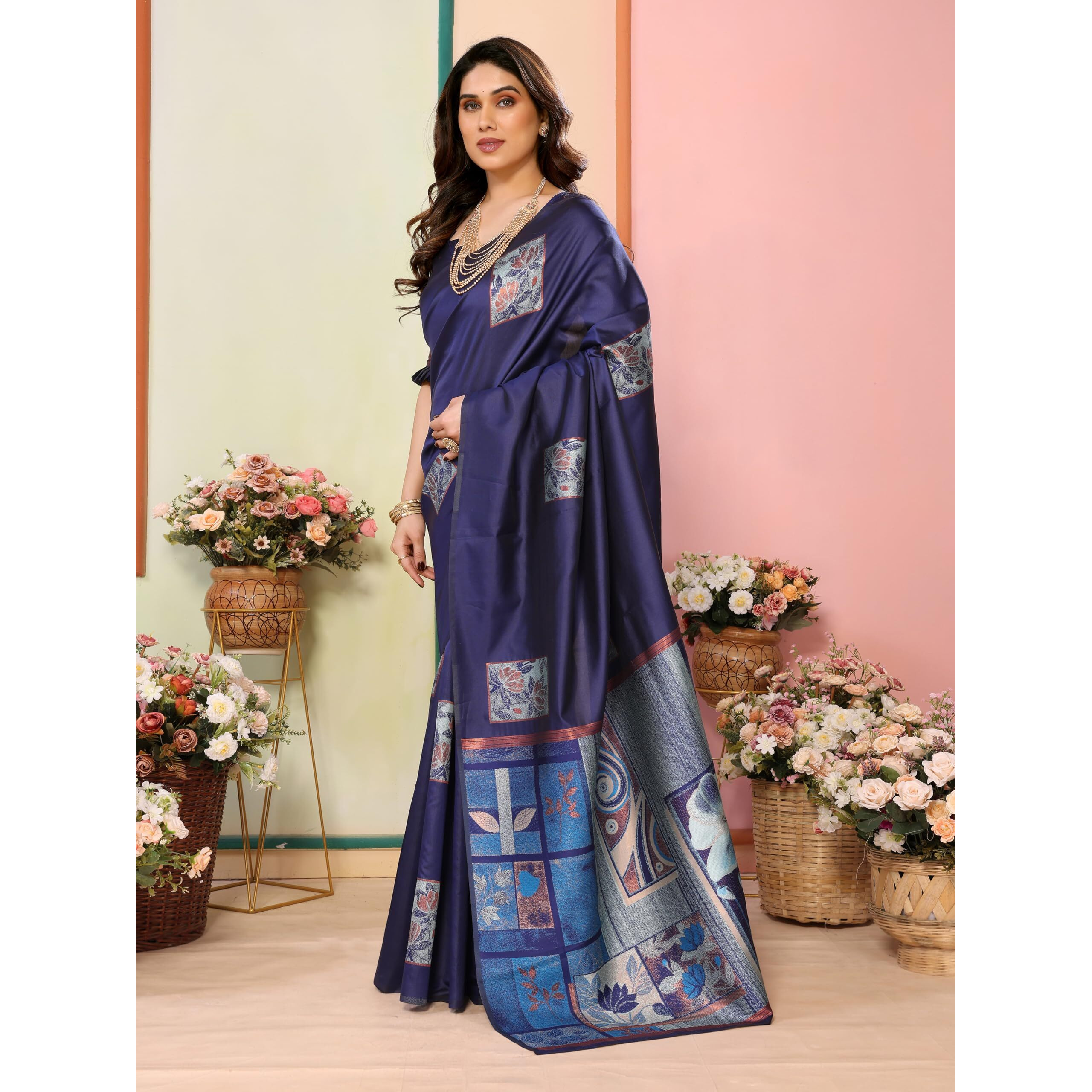 Sidhidata Womens Kanjivaram Banarasi Soft Silk Saree With Unstitched Blouse Piece (Silk Box Flower Navy_Navy_Free Size)