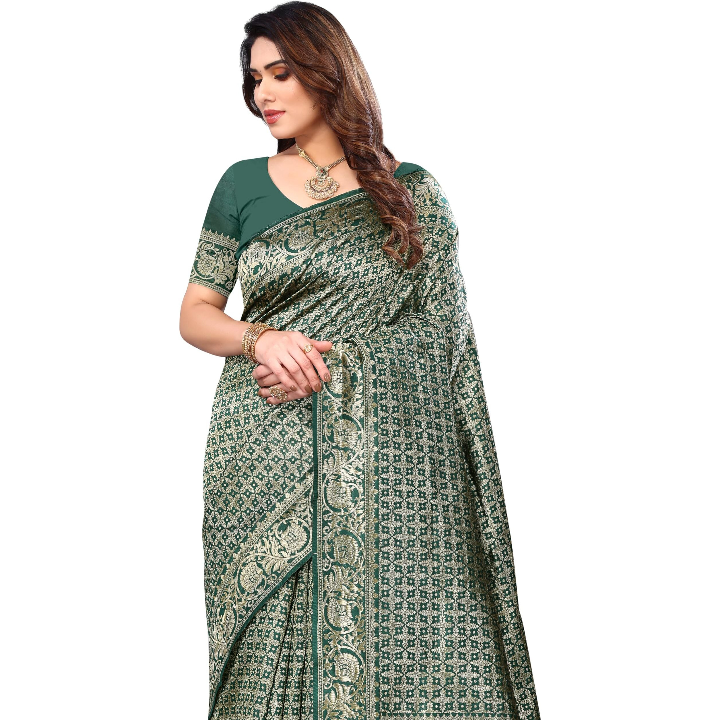 Sidhidata Womens Banarasi Jacquard Silk Saree With Unstitched Blouse Piece (Silk Kasturi Bottle Green_Bottle Green_Free Size)