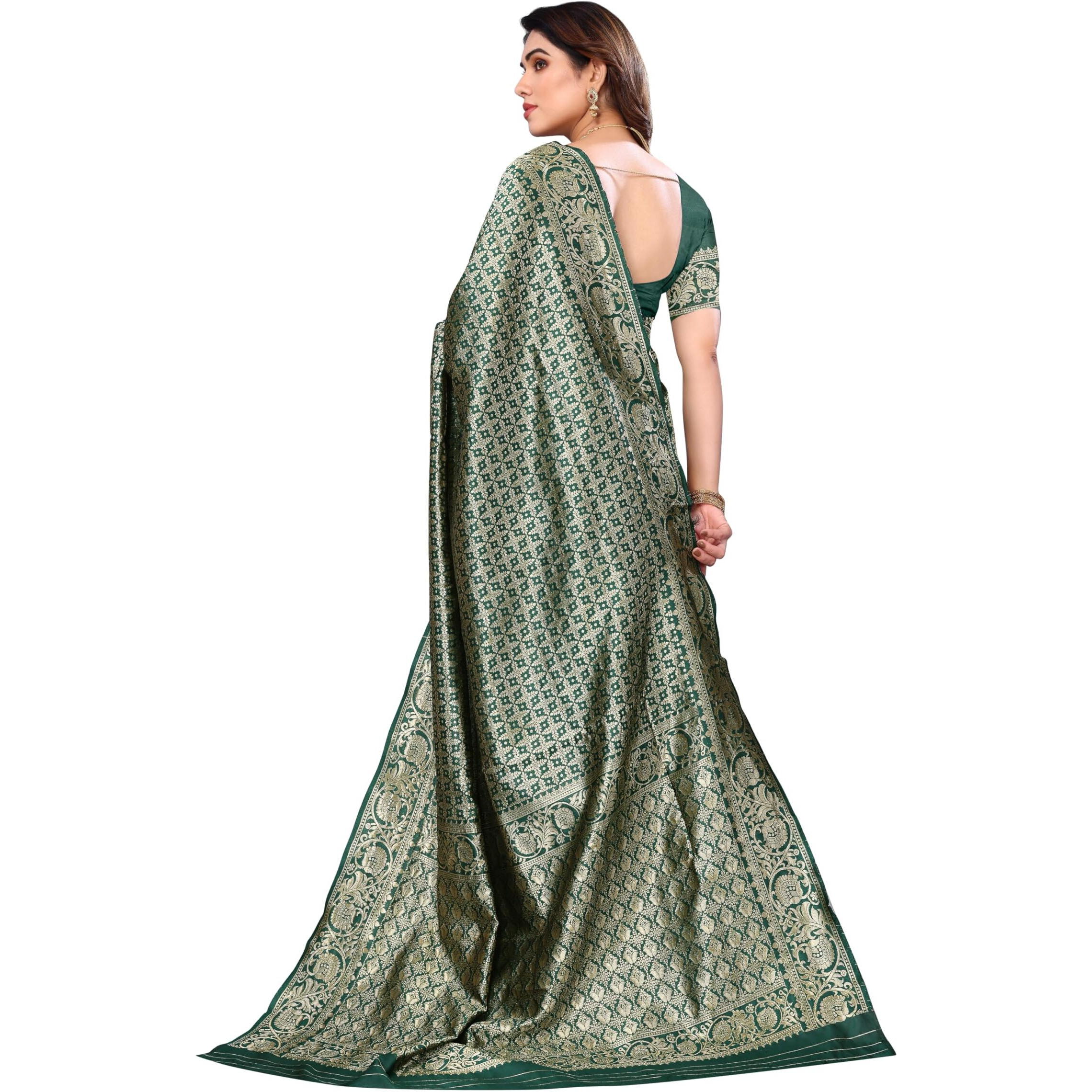 Sidhidata Womens Banarasi Jacquard Silk Saree With Unstitched Blouse Piece (Silk Kasturi Bottle Green_Bottle Green_Free Size)