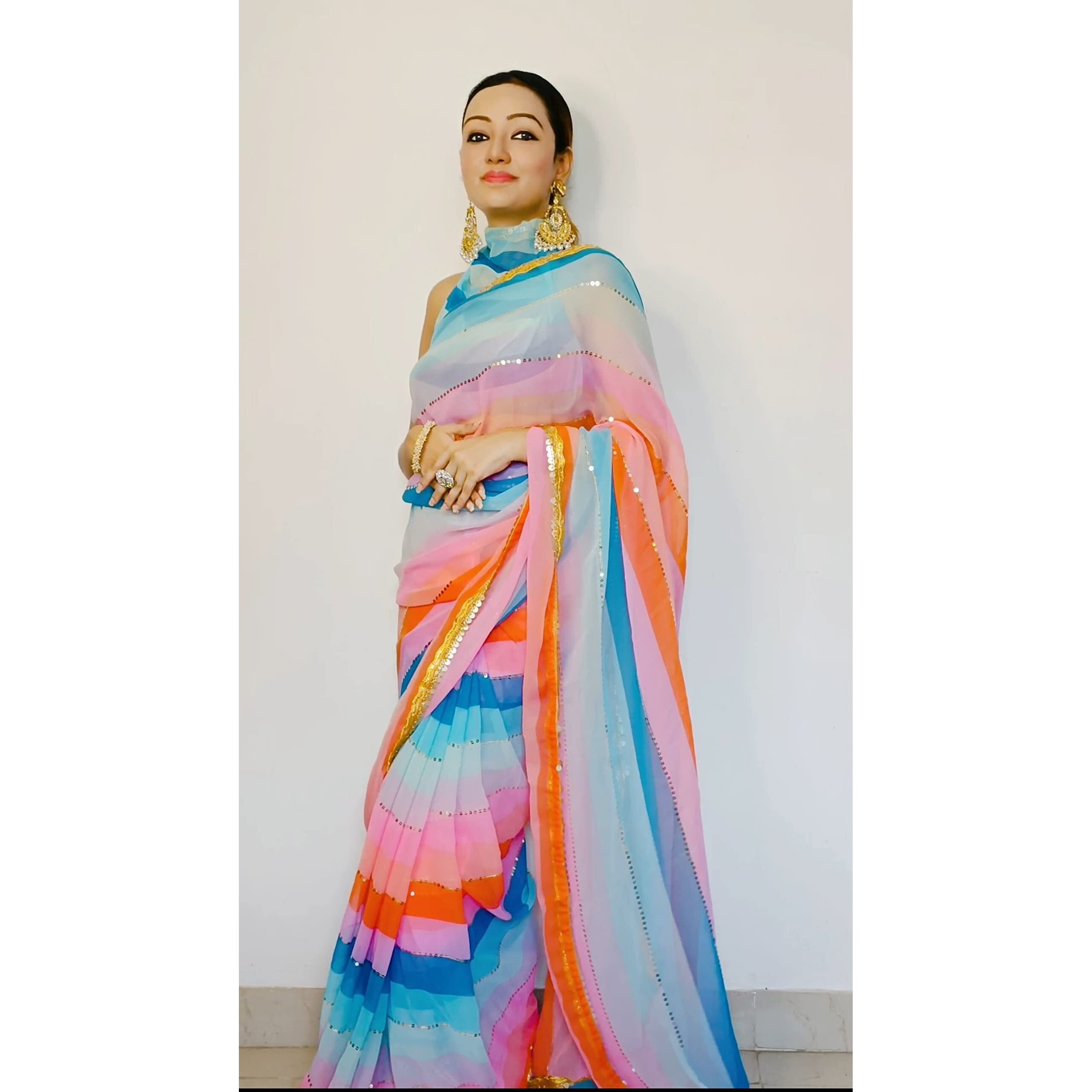 Sidhidata Womens Printed Georgette Sequence Work Saree With Unstitched Blouse Piece (Ashmita Sequence MultiColour_Free Size)