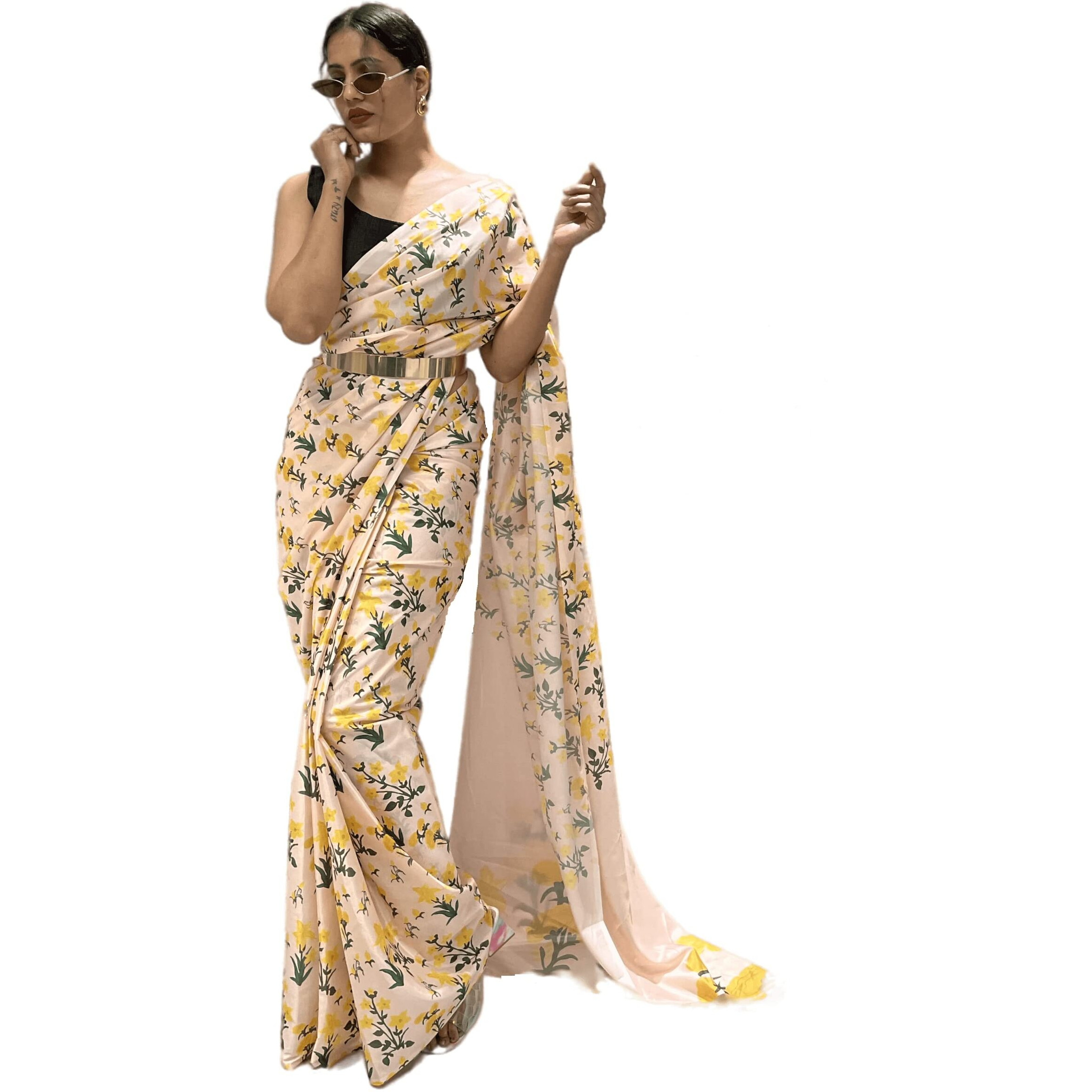Sidhidata Womens Chiffon Georgette Printed Ready To Wear saree With Unstitched Blouse Piece (Srivalli Cream With Belt_Cream_Free Size)
