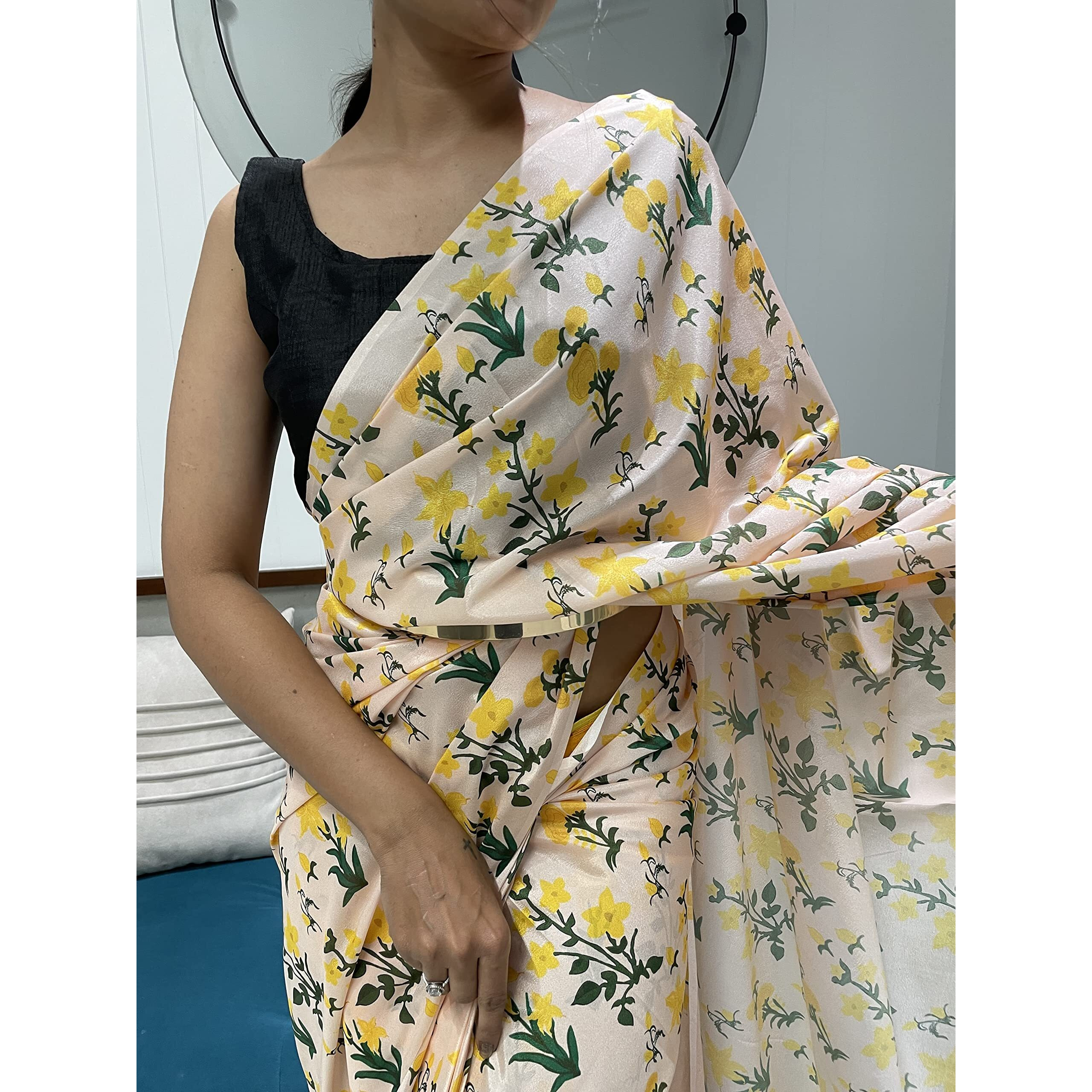 Sidhidata Womens Chiffon Georgette Printed Ready To Wear saree With Unstitched Blouse Piece (Srivalli Cream With Belt_Cream_Free Size)