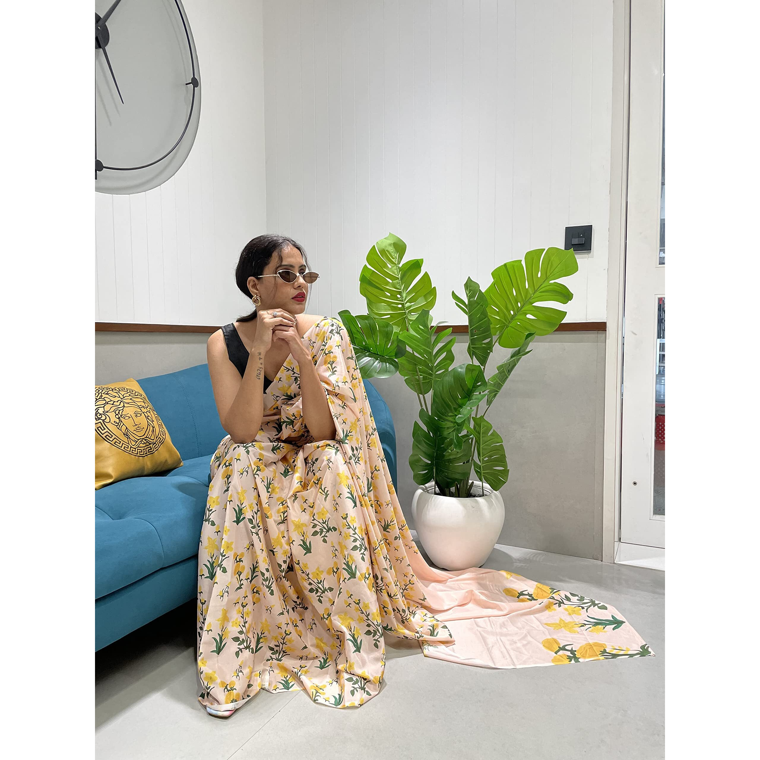 Sidhidata Womens Chiffon Georgette Printed Ready To Wear saree With Unstitched Blouse Piece (Srivalli Cream With Belt_Cream_Free Size)