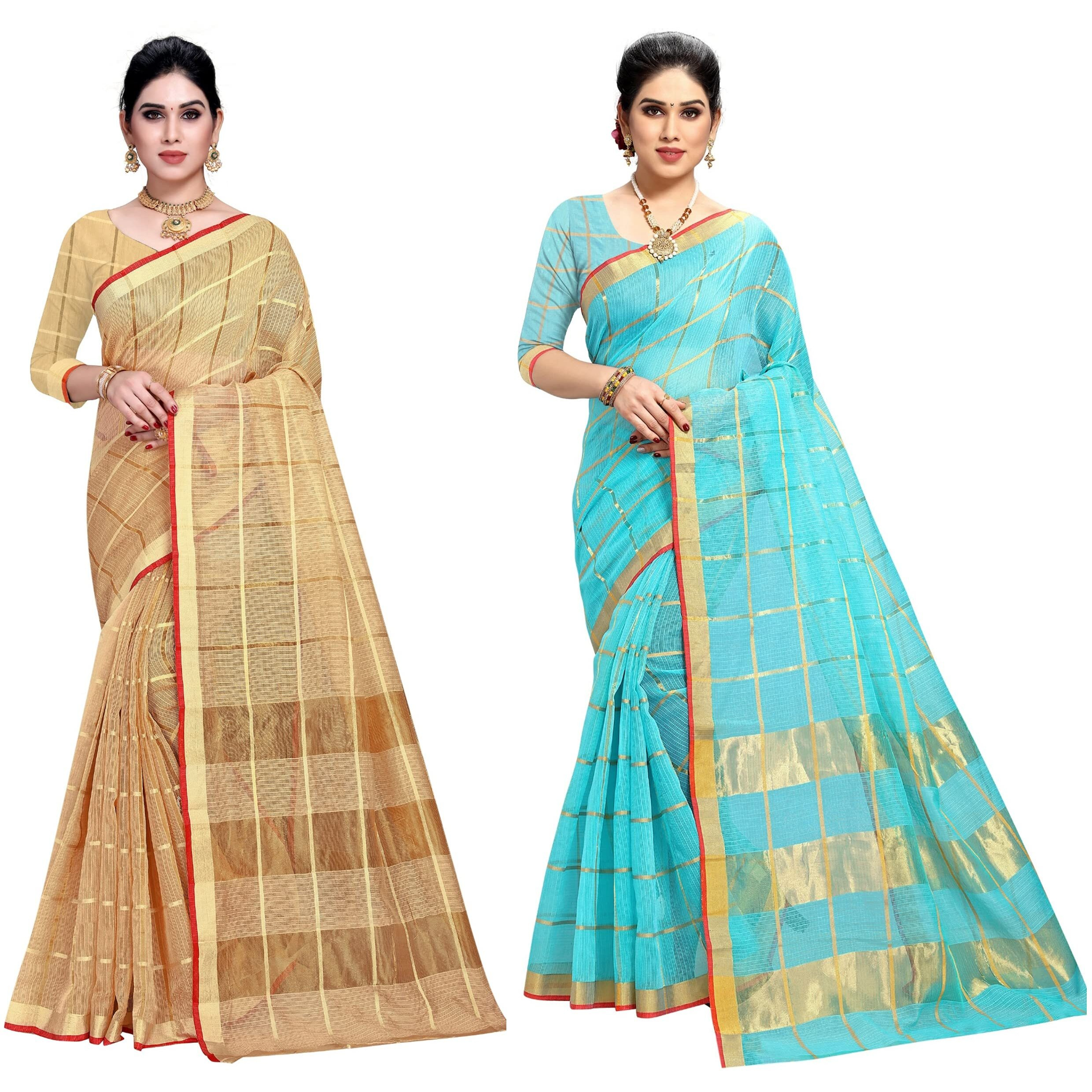 Sidhidata Womens Kota Doria Cotton Manipuri Saree With Unstitched Blouse Piece (Pack of 2) (Chiku & Sky Blue)