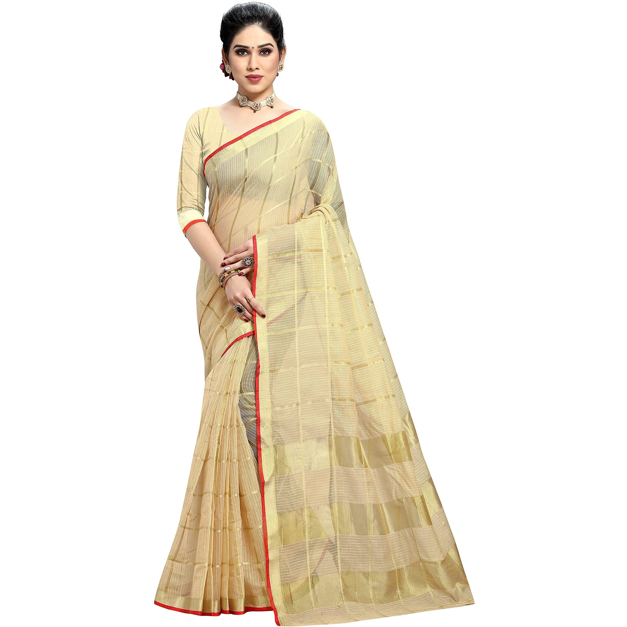 Sidhidata Womens Kota Doria Cotton Manipuri Saree With Unstitched Blouse Piece (Pack of 2) (Chiku & Sky Blue)