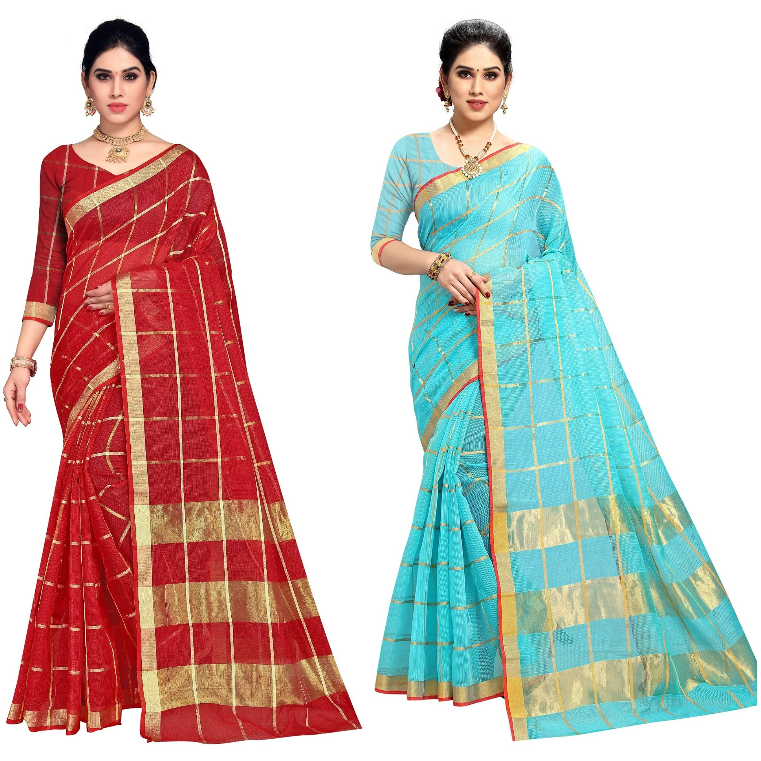 Sidhidata Womens Kota Doria Cotton Manipuri Saree With Unstitched Blouse Piece (Pack of 2) (Red & Sky Blue)