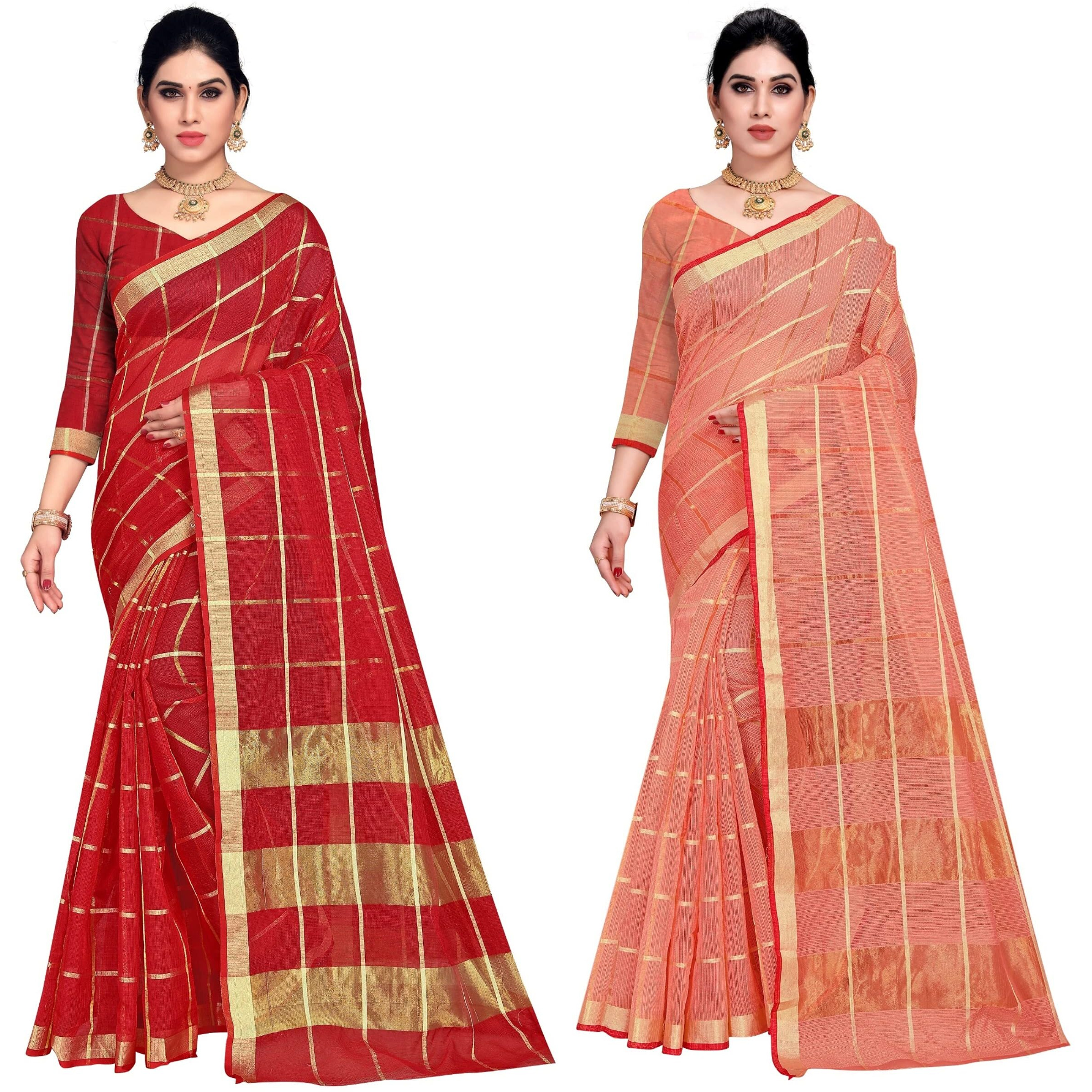 Sidhidata Womens Kota Doria Cotton Manipuri Saree With Unstitched Blouse Piece (Pack of 2) (Red & Peach)