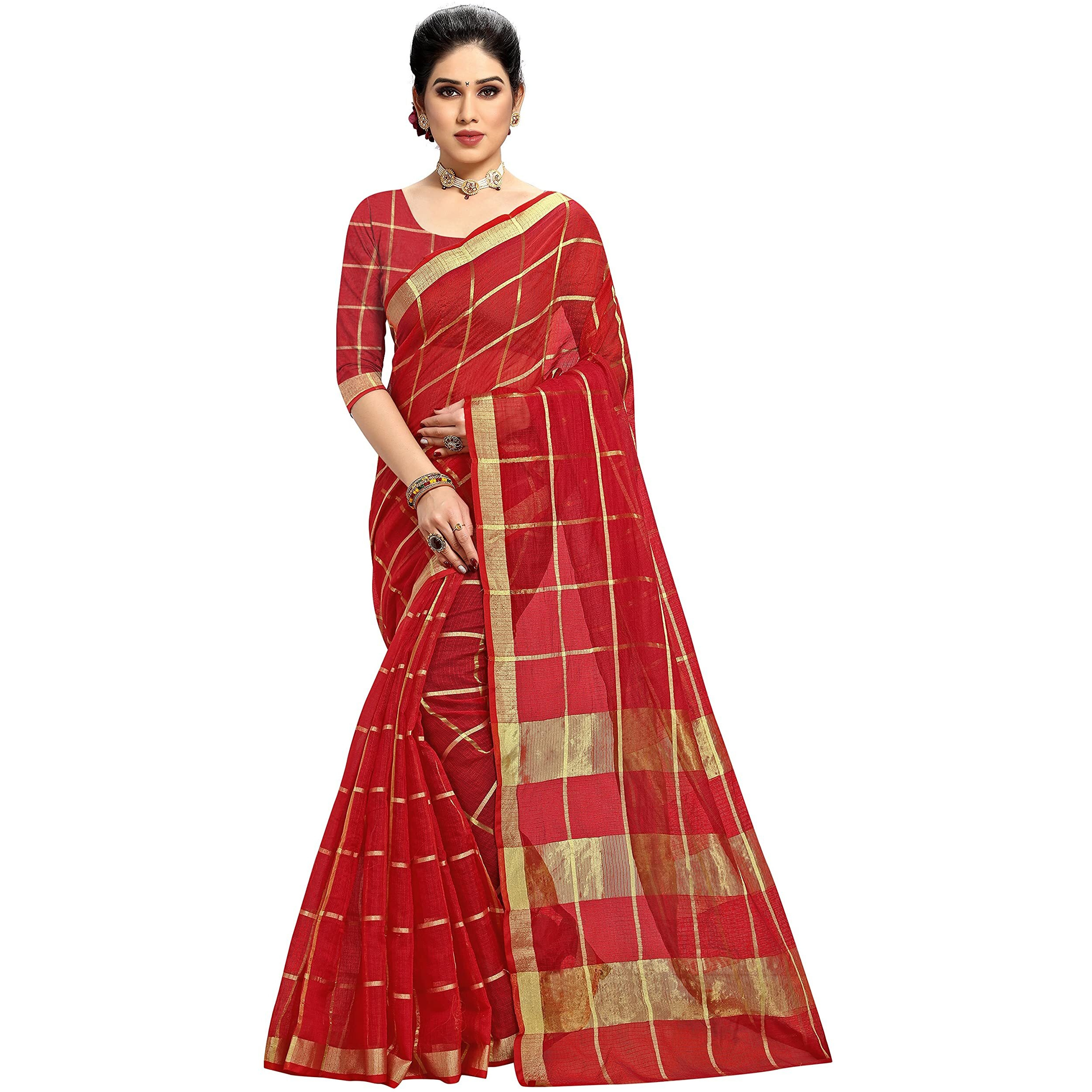 Sidhidata Womens Kota Doria Cotton Manipuri Saree With Unstitched Blouse Piece (Pack of 2) (Red & Peach)