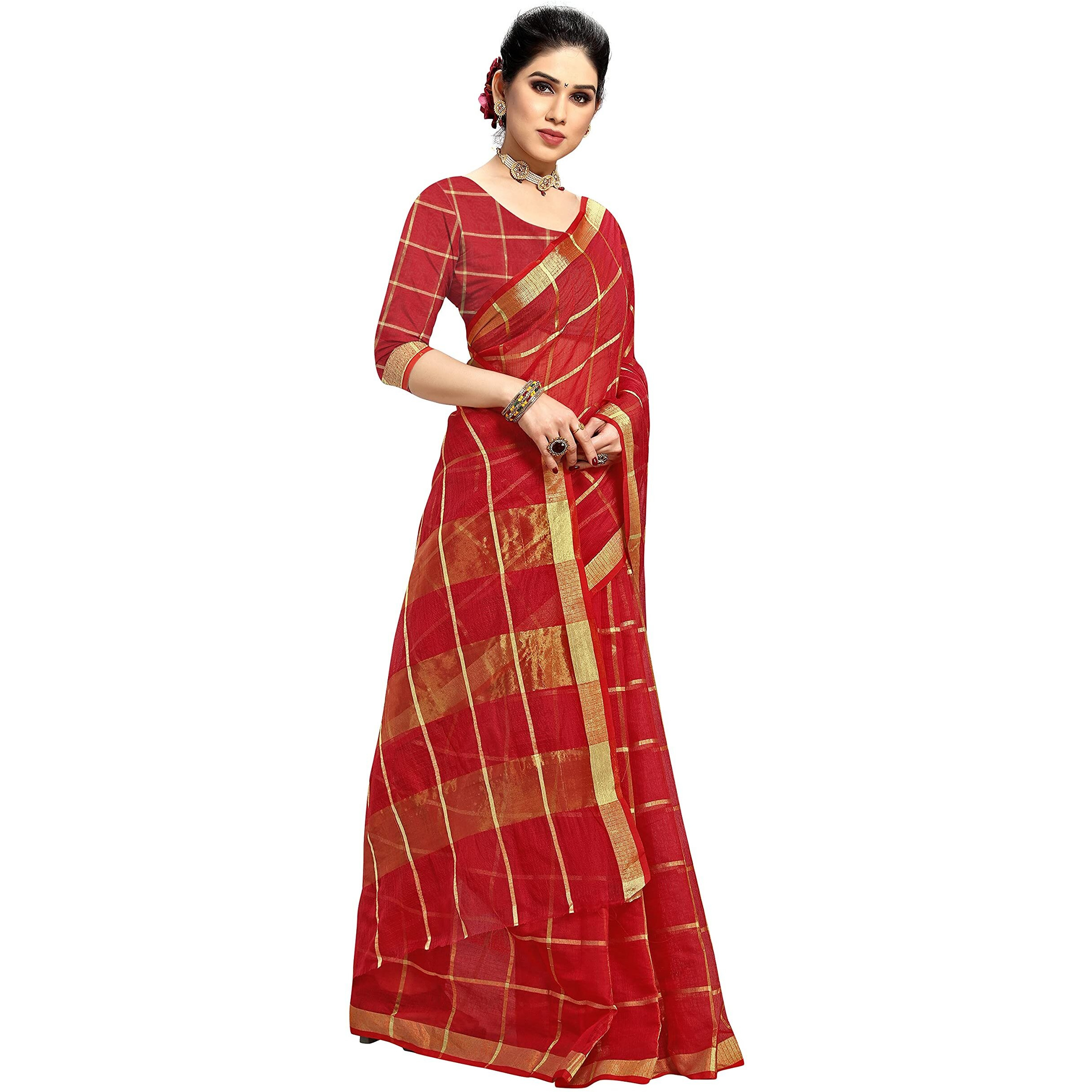 Sidhidata Womens Kota Doria Cotton Manipuri Saree With Unstitched Blouse Piece (Pack of 2) (Red & Peach)