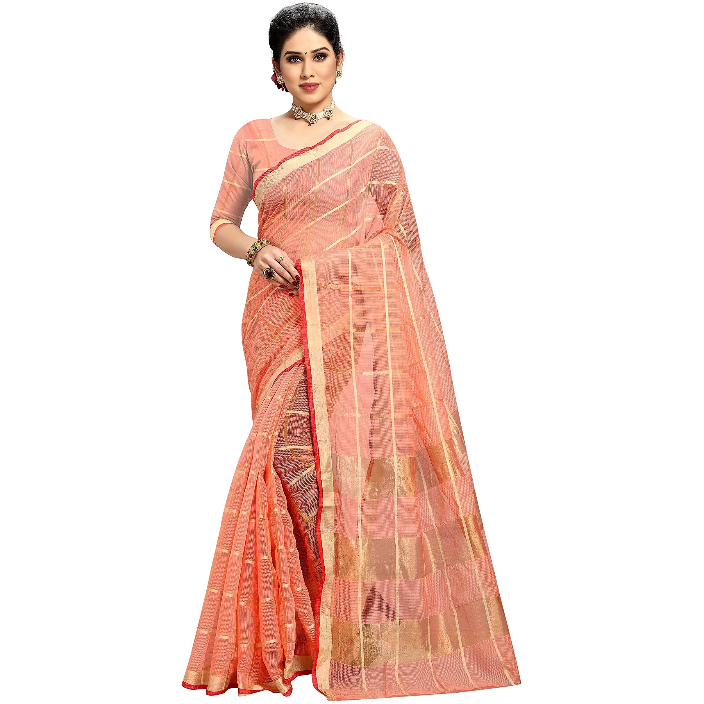 Sidhidata Womens Kota Doria Cotton Manipuri Saree With Unstitched Blouse Piece (Pack of 2) (Peach & Sky Blue)