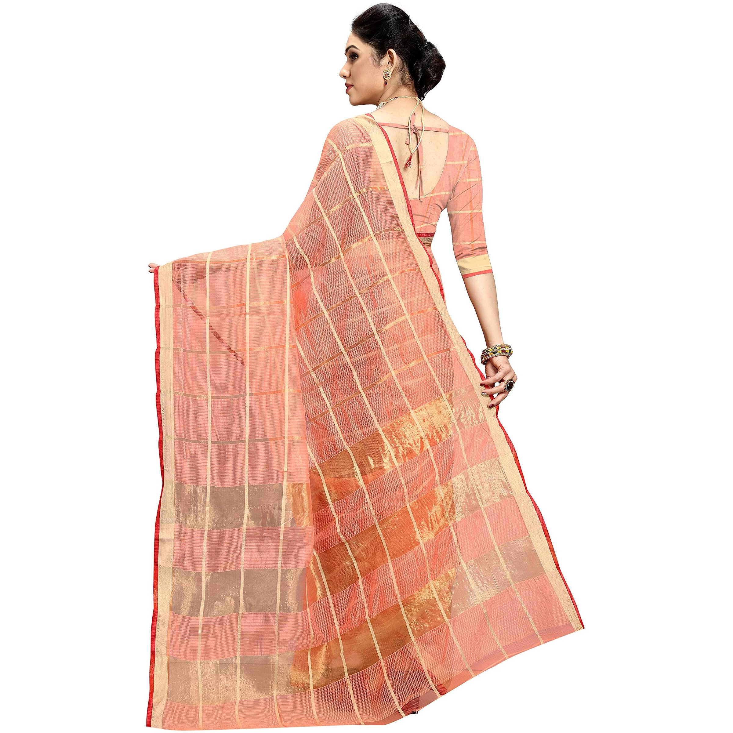 Sidhidata Womens Kota Doria Cotton Manipuri Saree With Unstitched Blouse Piece (Pack of 2) (Peach & Sky Blue)