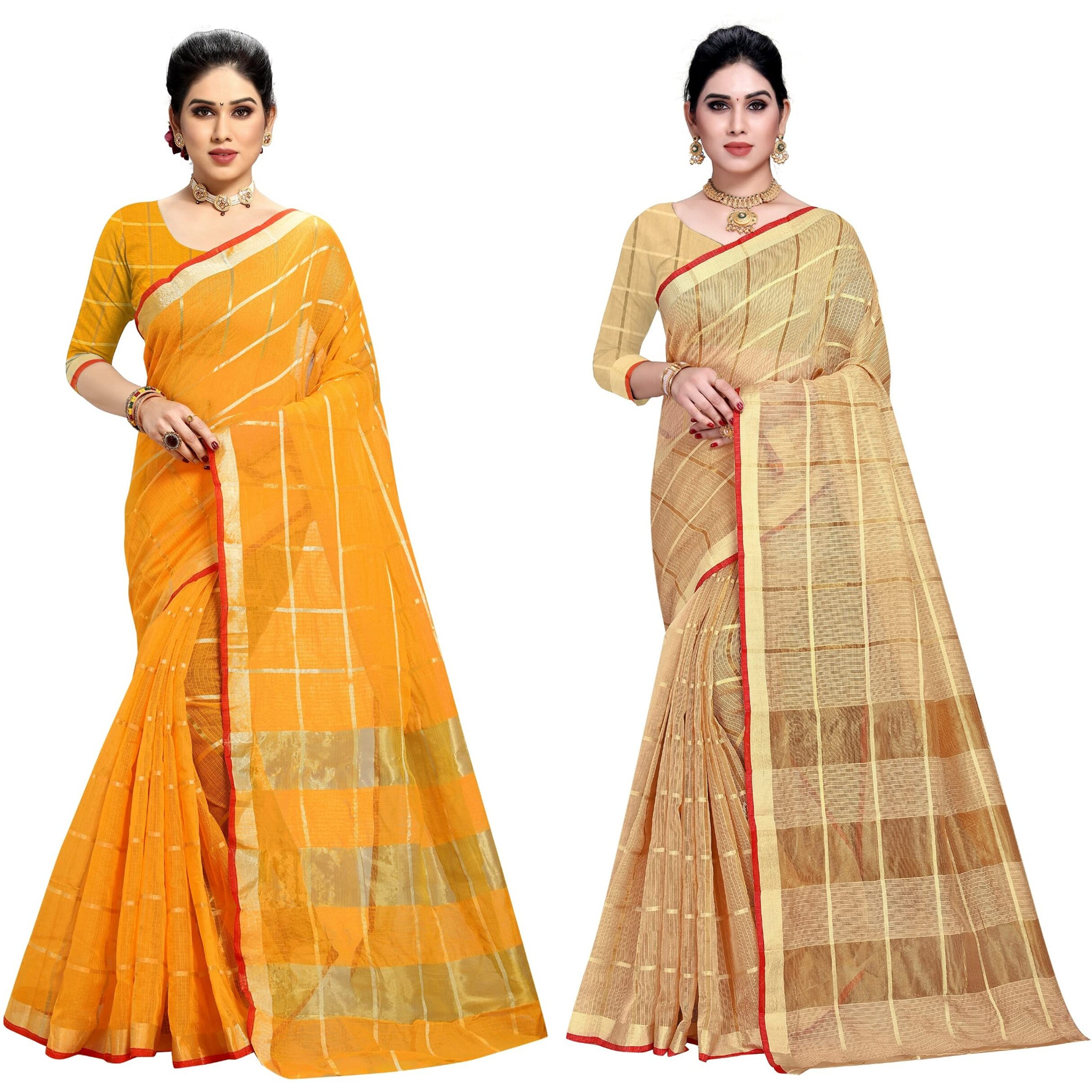 Sidhidata Womens Kota Doria Cotton Manipuri Saree With Unstitched Blouse Piece (Pack of 2) (Yellow & Chiku)