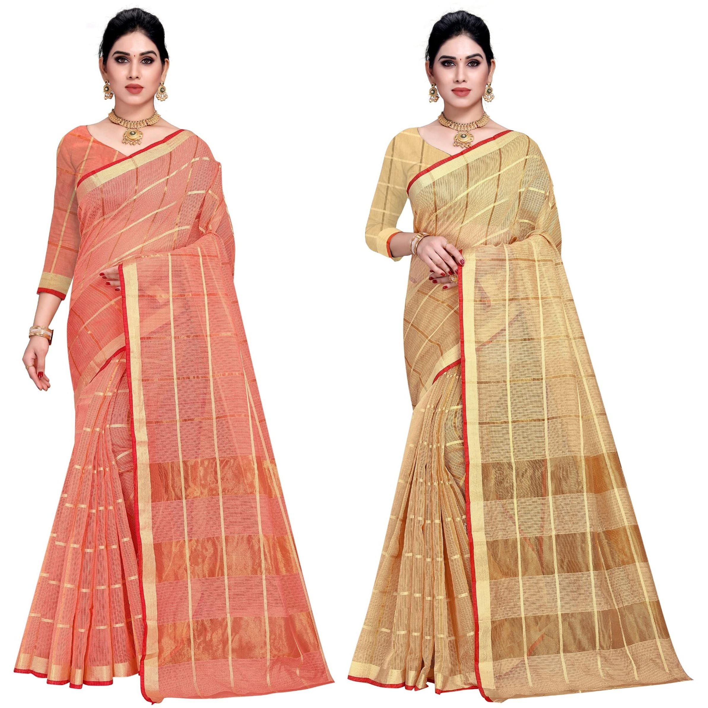 Sidhidata Womens Kota Doria Cotton Manipuri Saree With Unstitched Blouse Piece (Pack of 2) (Peach & Chiku)