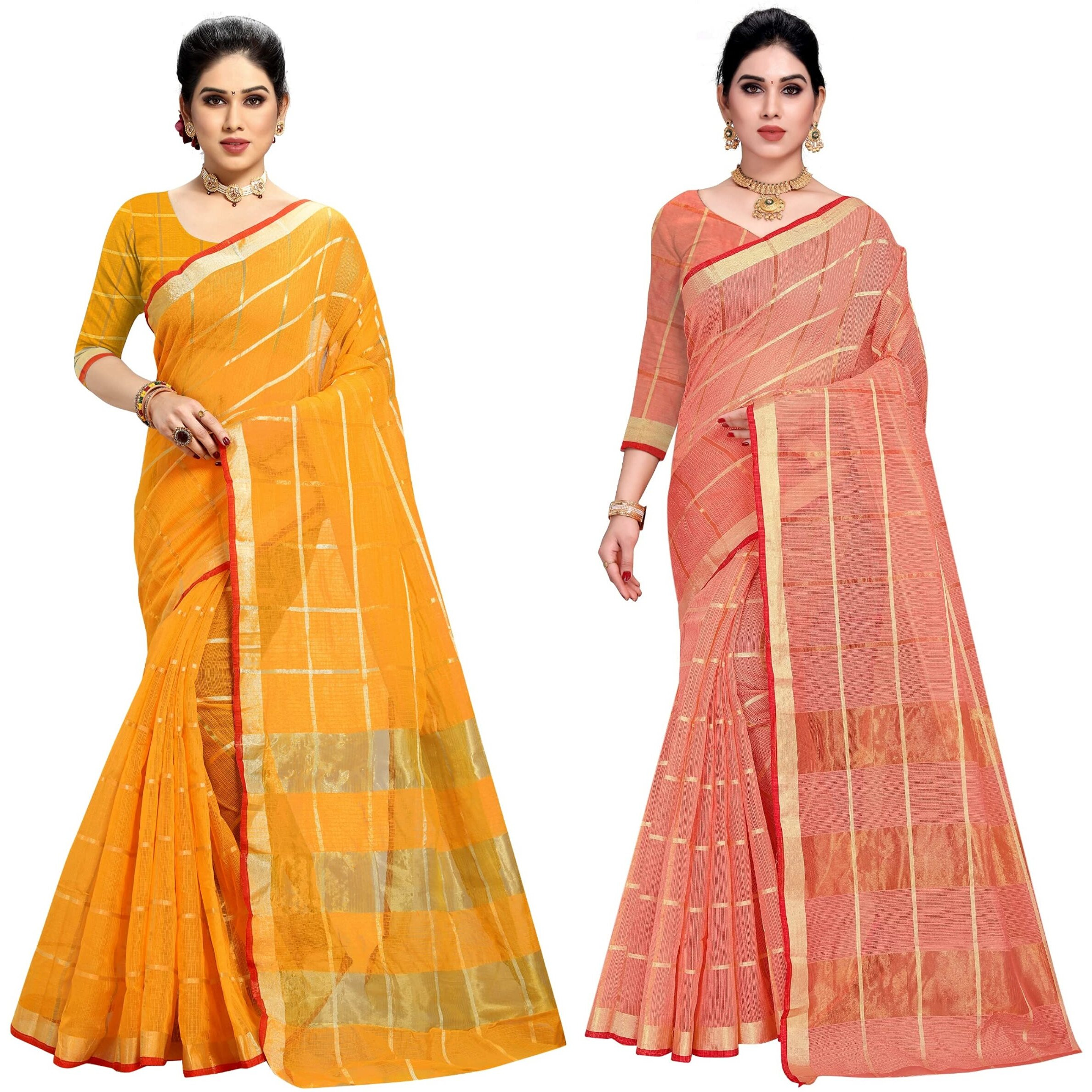 Sidhidata Womens Kota Doria Cotton Manipuri Saree With Unstitched Blouse Piece (Pack of 2) (Yellow & Peach)