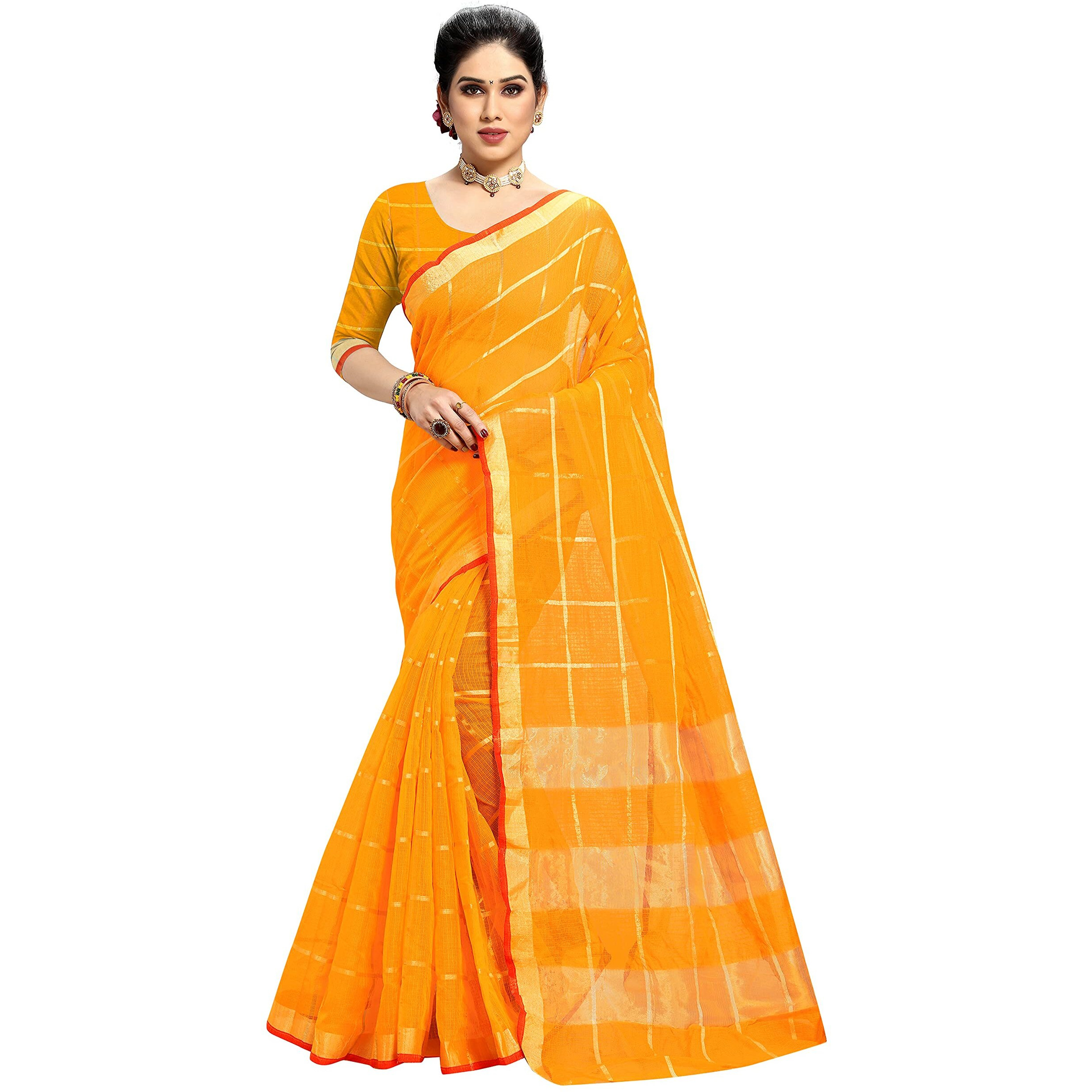 Sidhidata Womens Kota Doria Cotton Manipuri Saree With Unstitched Blouse Piece (Pack of 2) (Yellow & Peach)