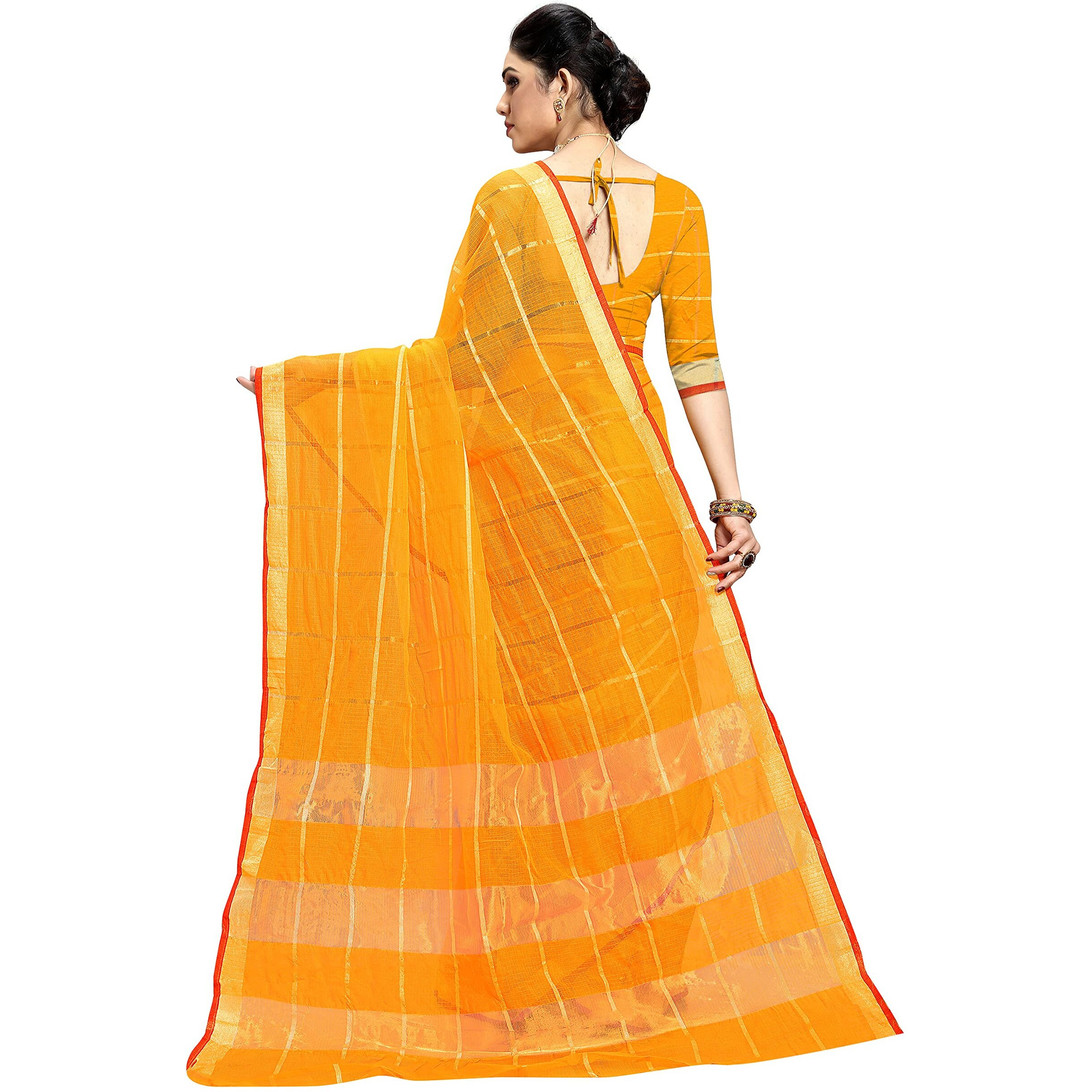 Sidhidata Womens Kota Doria Cotton Manipuri Saree With Unstitched Blouse Piece (Pack of 2) (Yellow & Peach)