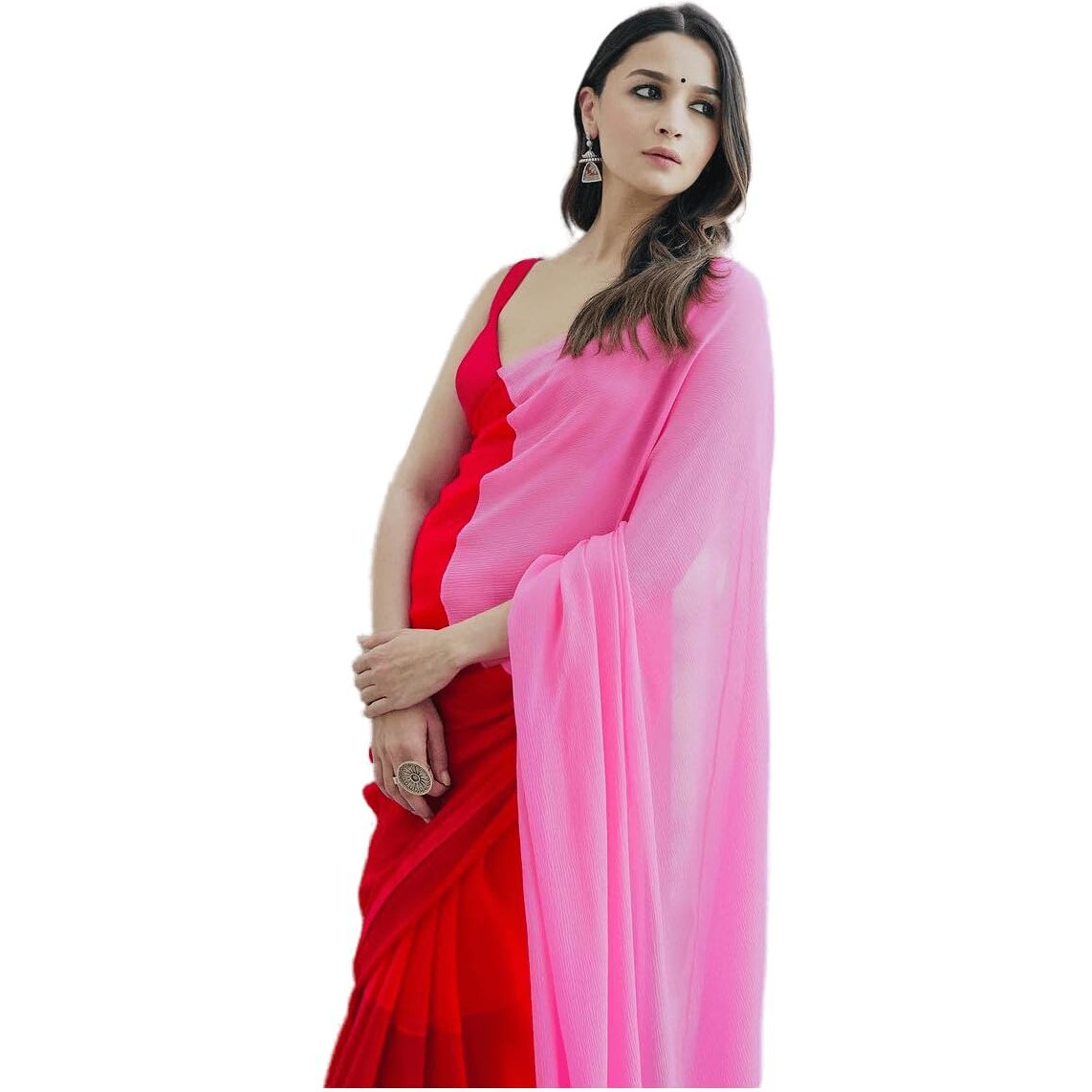 Sidhidata Womens Printed Georgette Saree With Unstitched Blouse Piece (Alia Red Pinkkk_Red & Pink_Free Size)