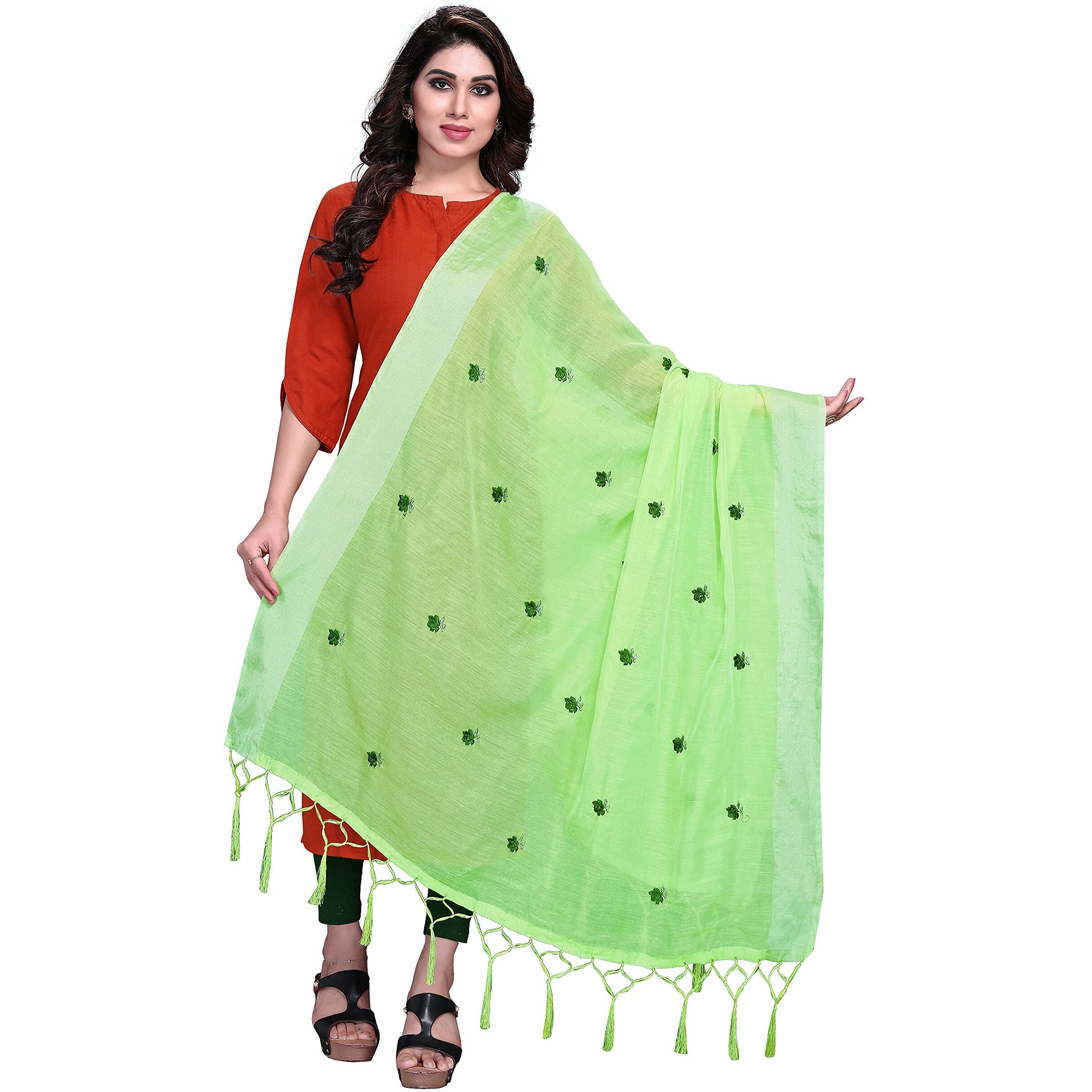 Sidhidata Textile Womens Embroidered Cotton Silk Dupatta With Tassels (Dupatta Rose Pista_Pista_2.20 Mtr)