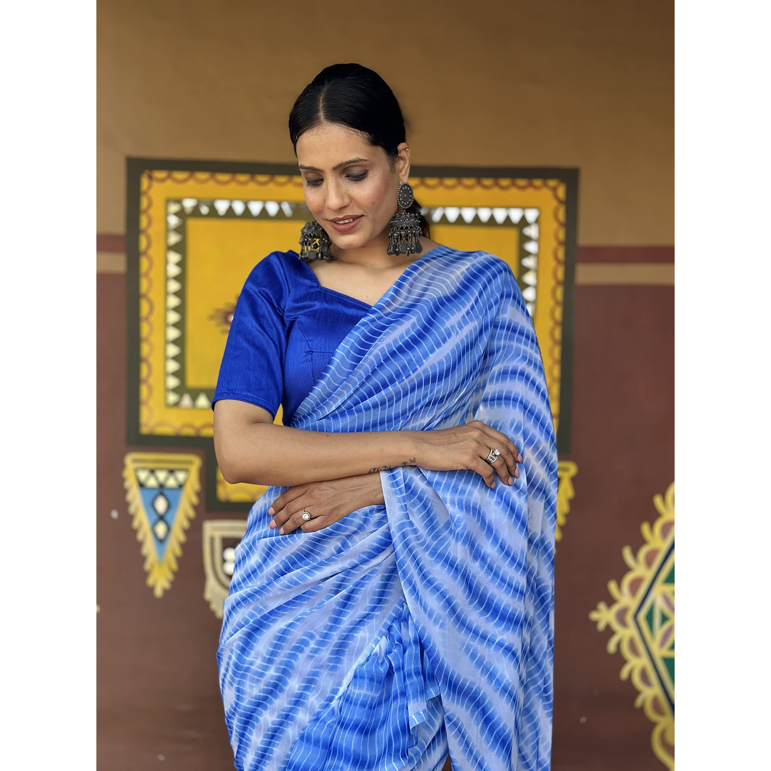 Sidhidata Womens Georgette Printed Ruffle Ready To Wear 1 Minute saree With Unstitched Blouse Piece (Ruffle Black_Black_Free Size)