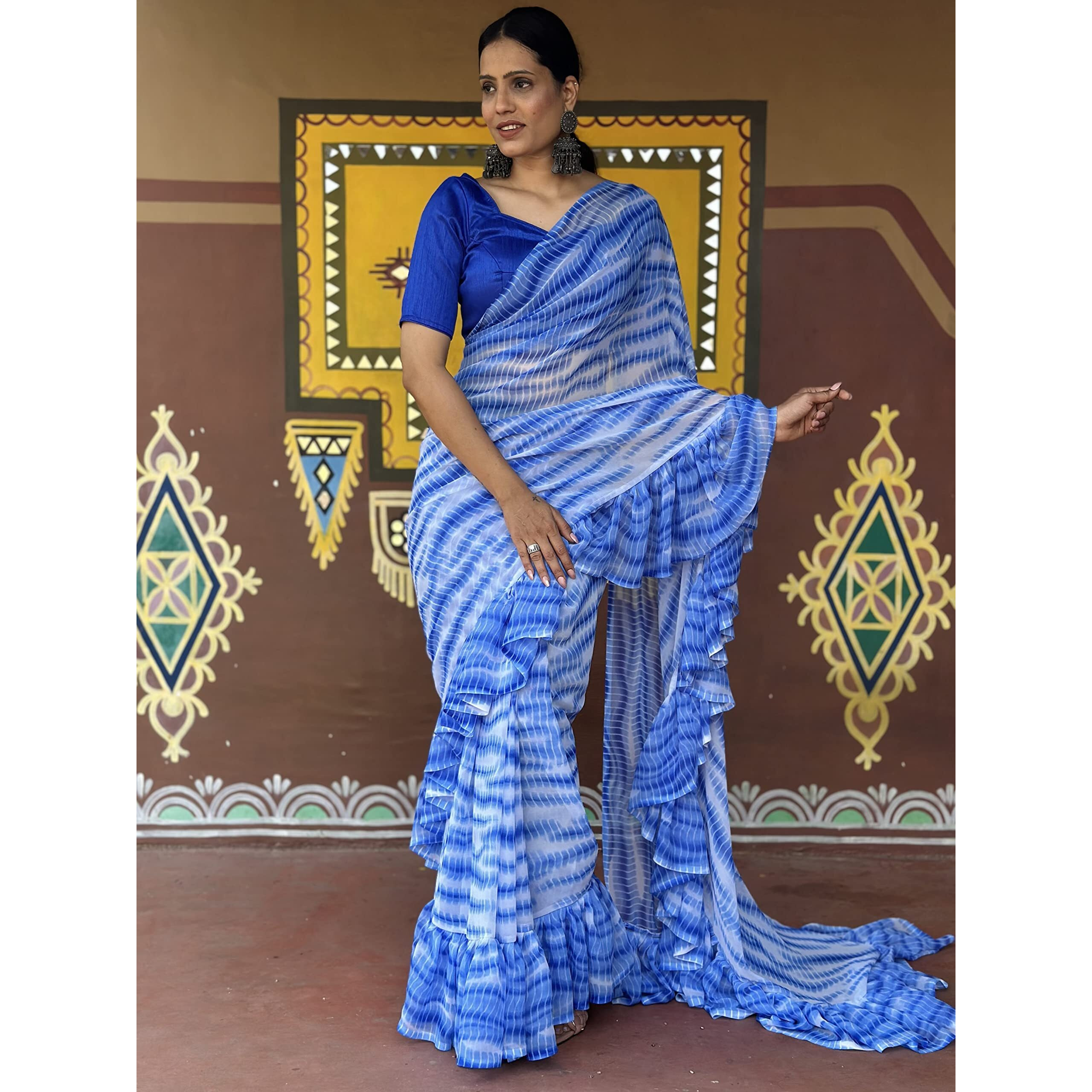 Sidhidata Womens Georgette Printed Ruffle Ready To Wear 1 Minute saree With Unstitched Blouse Piece (Ruffle Black_Black_Free Size)