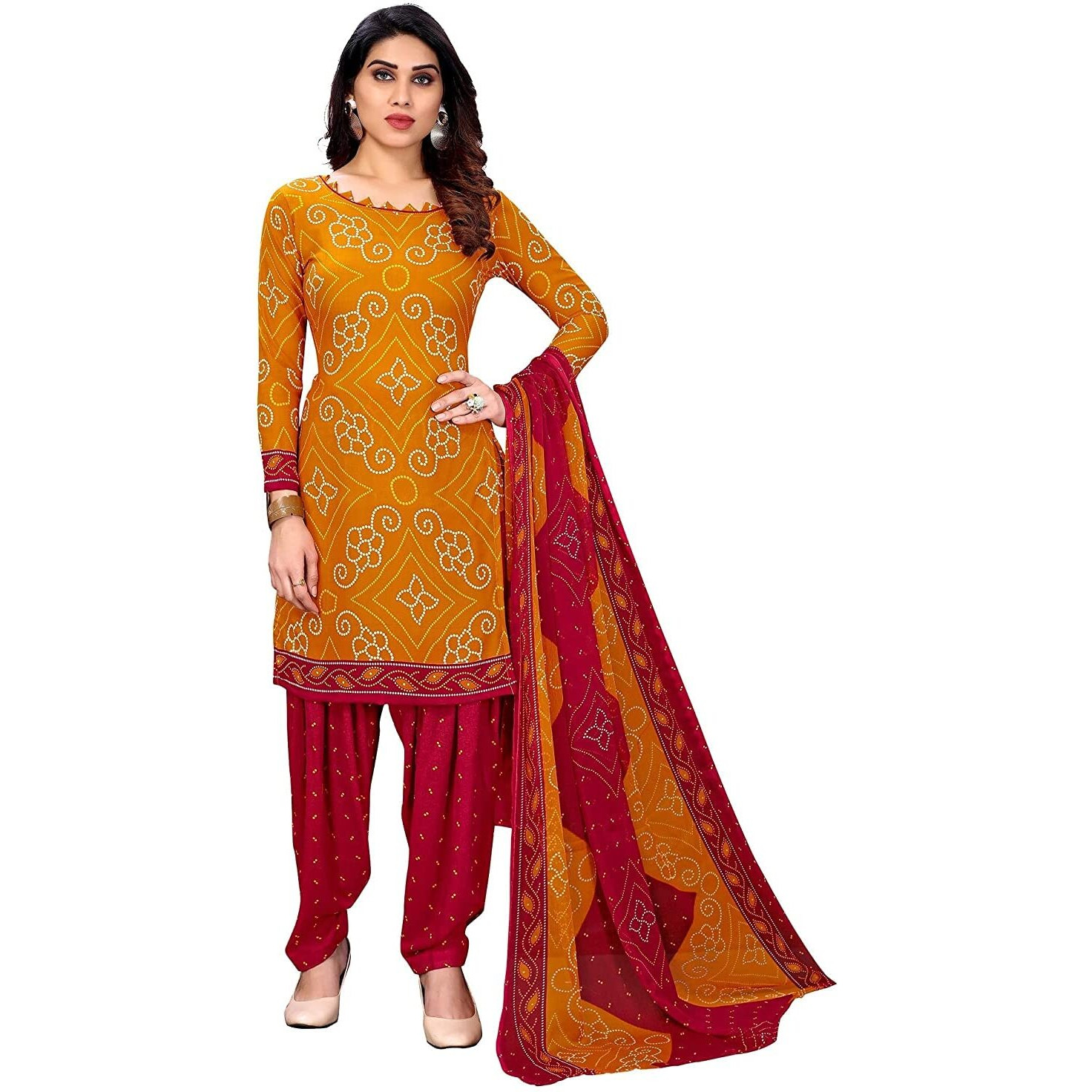 Sidhidata Womens Womens Crepe Printed Patiyala Salwar Suit Dress Material Suit (DM Bandhanii Yelloww-Redd_Yellow & Red_Unstitched)