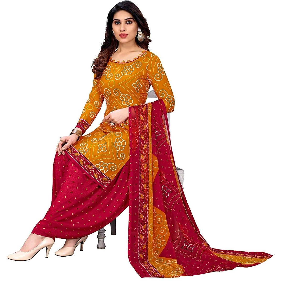 Sidhidata Womens Womens Crepe Printed Patiyala Salwar Suit Dress Material Suit (DM Bandhanii Yelloww-Redd_Yellow & Red_Unstitched)