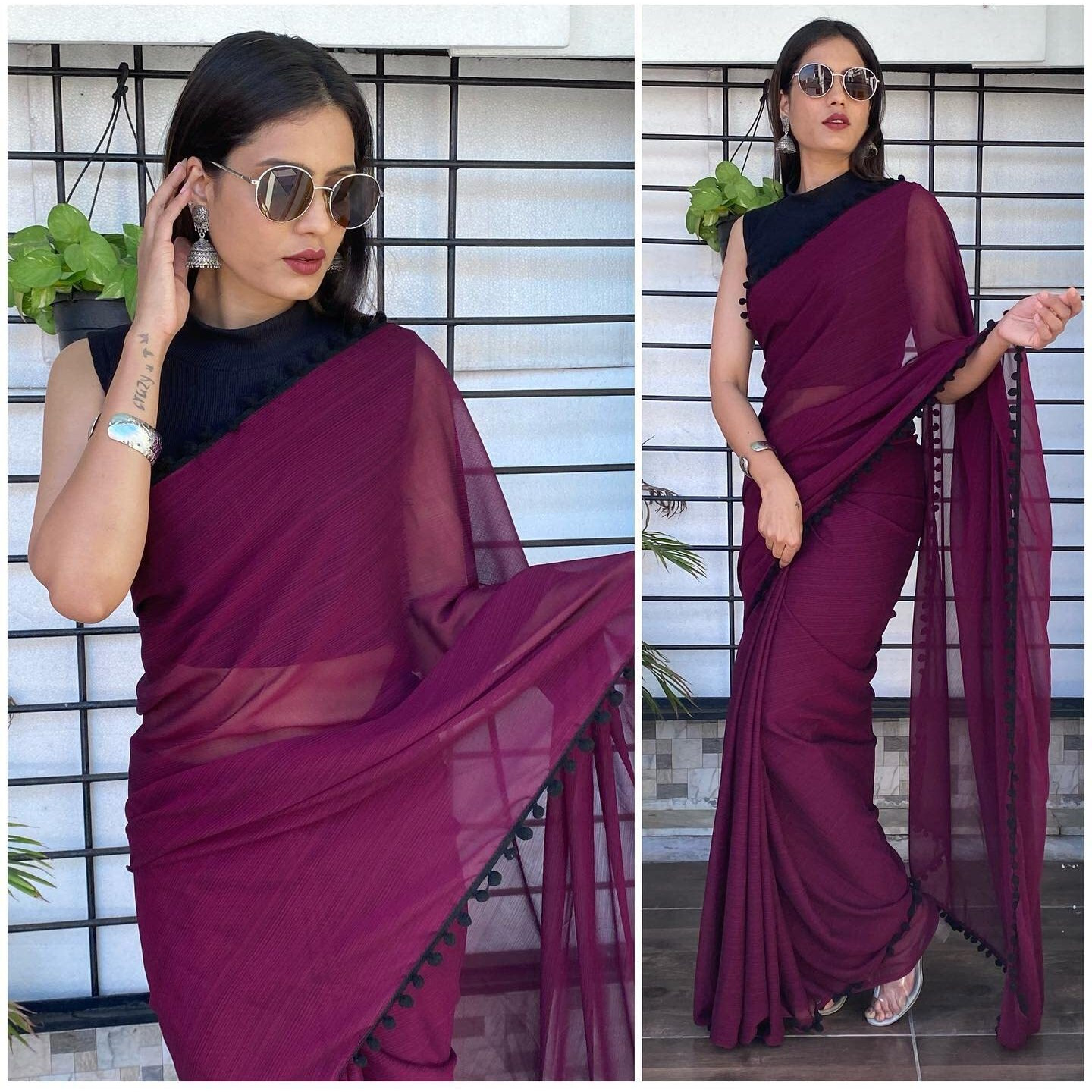 Sidhidata Womens Georgette Pom-Pom Lace Boardered Saree With Unstitched Blouse Piece (Zomato) (Jamli)