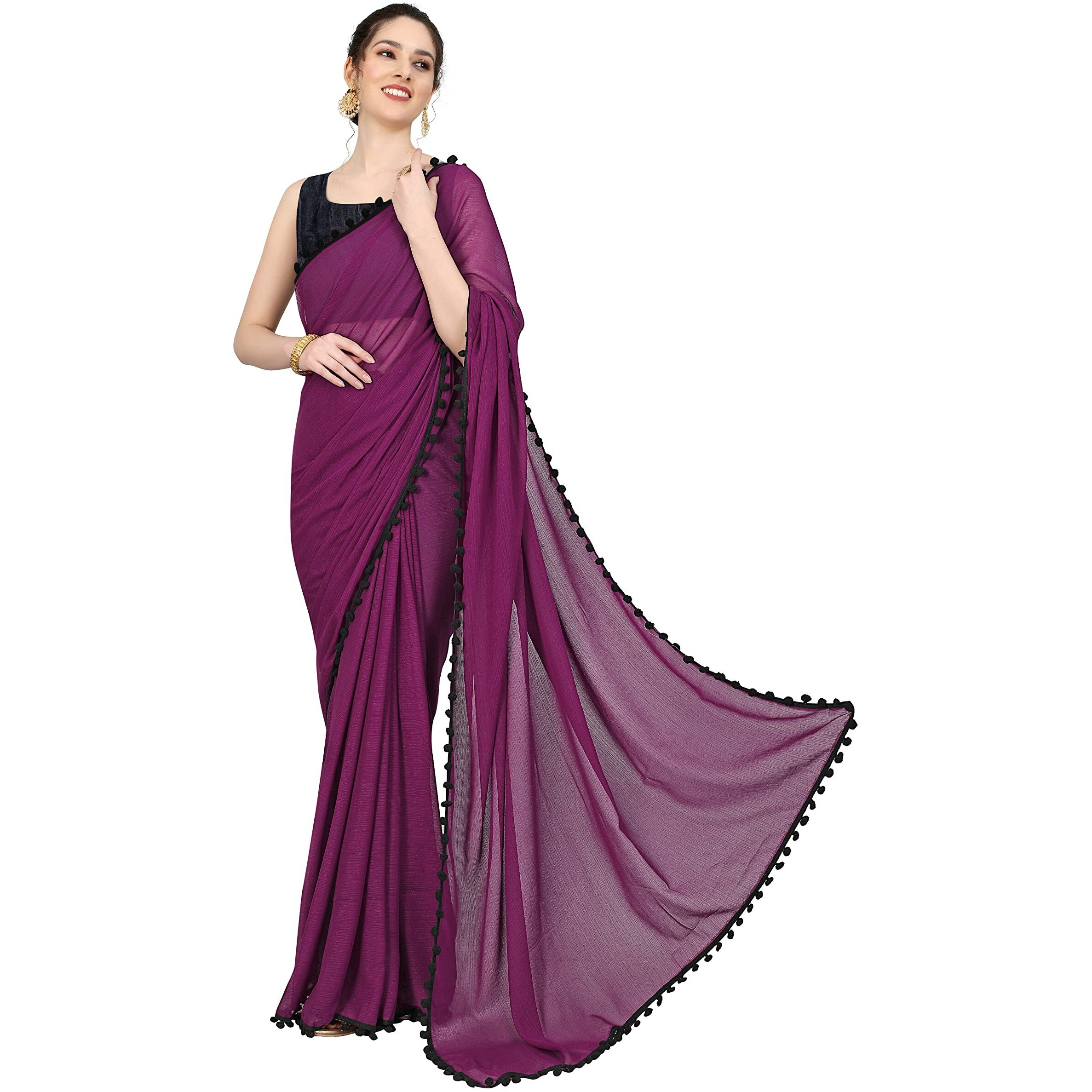 Sidhidata Womens Georgette Pom-Pom Lace Boardered Saree With Unstitched Blouse Piece (Zomato) (Jamli)
