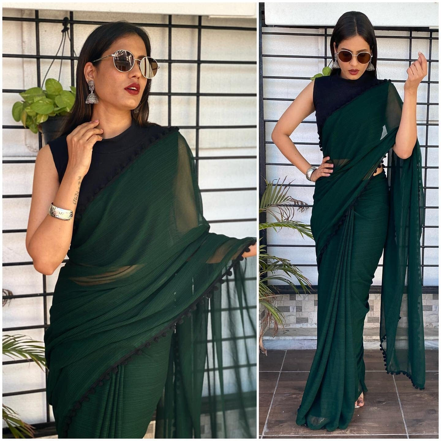 Sidhidata Womens Georgette Pom-Pom Lace Boardered Saree With Unstitched Blouse Piece (Zomato Bottle Green_Bottle Green_Free Size)