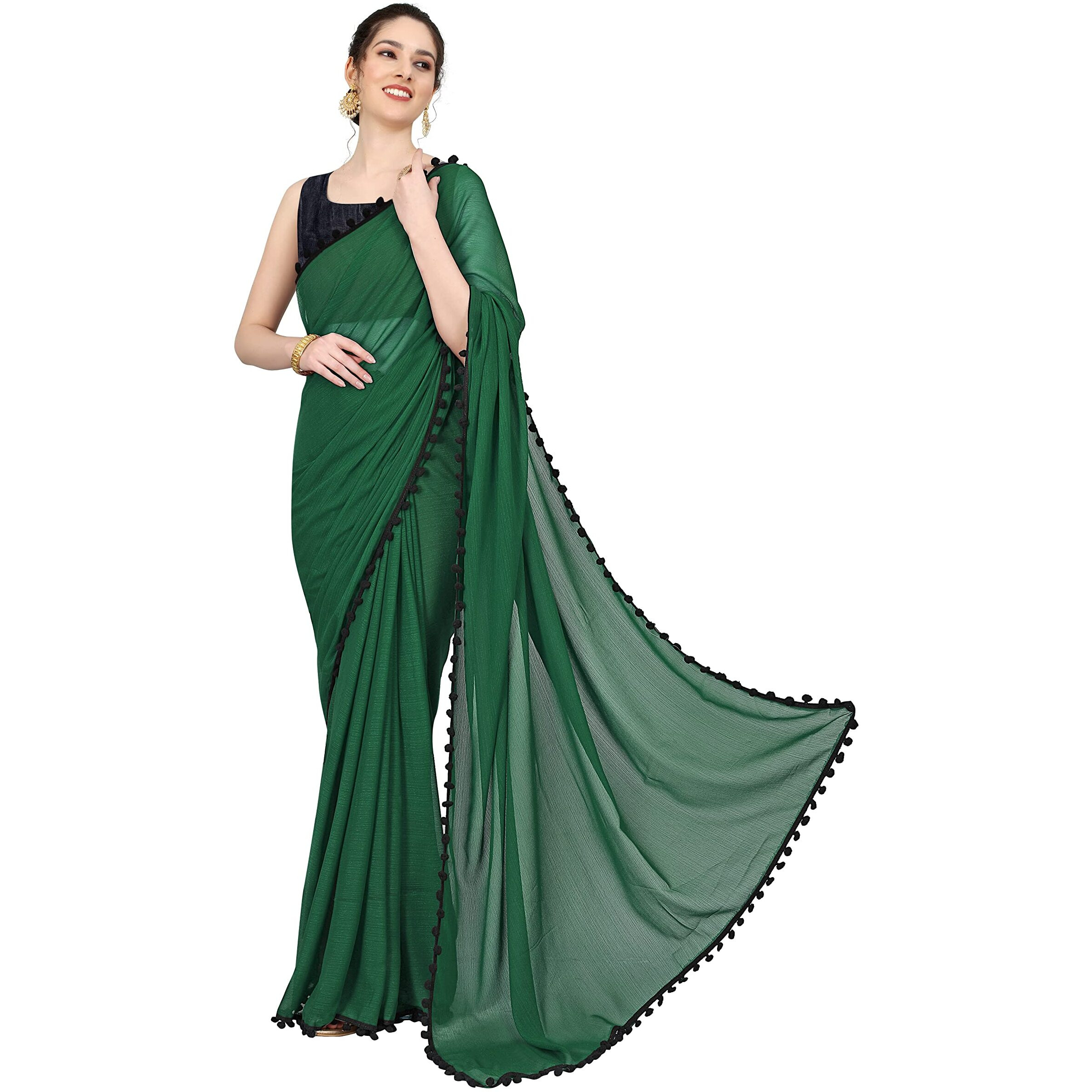 Sidhidata Womens Georgette Pom-Pom Lace Boardered Saree With Unstitched Blouse Piece (Zomato Bottle Green_Bottle Green_Free Size)