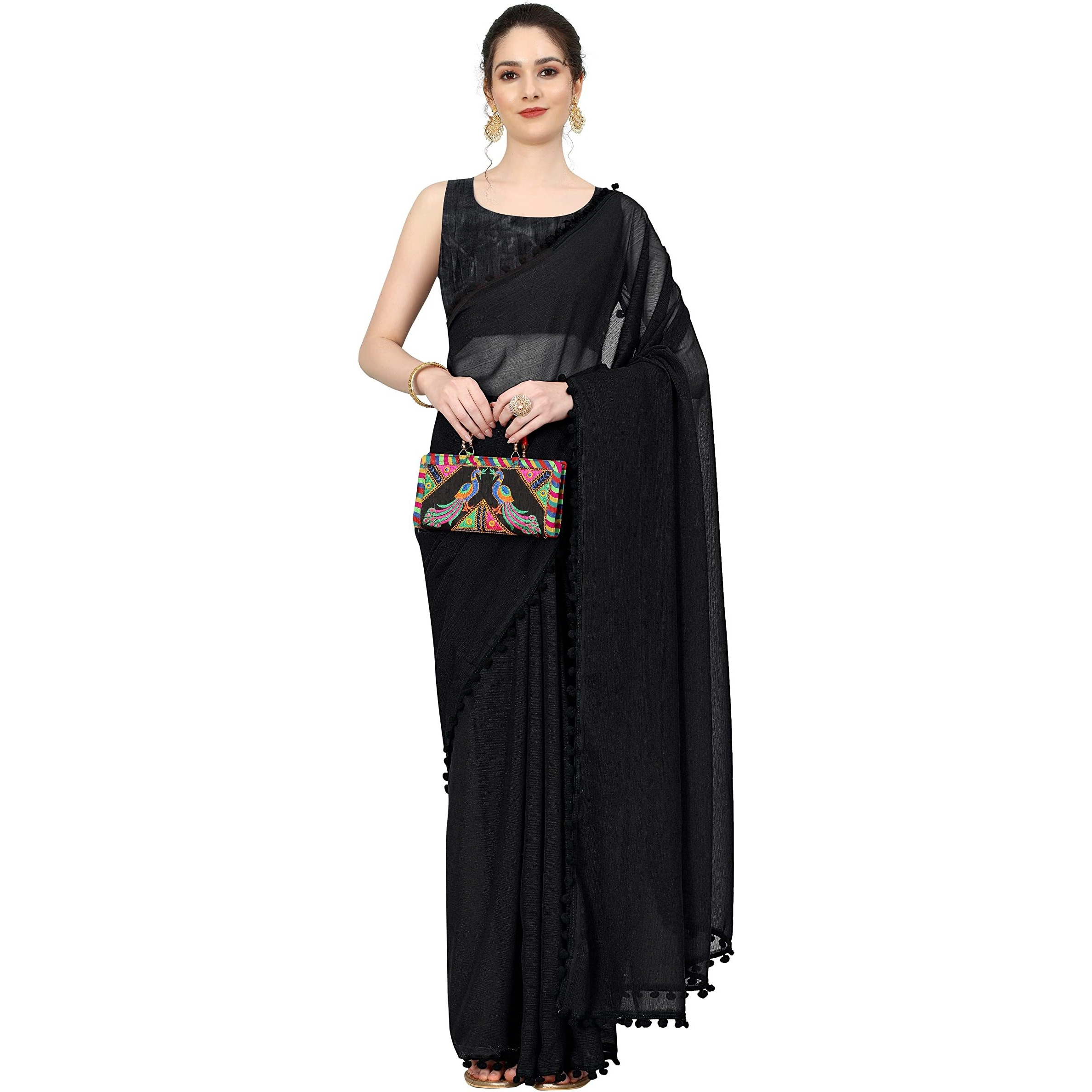 Sidhidata Womens Georgette Pom-Pom Lace Boardered Saree With Unstitched Blouse Piece (Zomato Black_Black_Free Size)