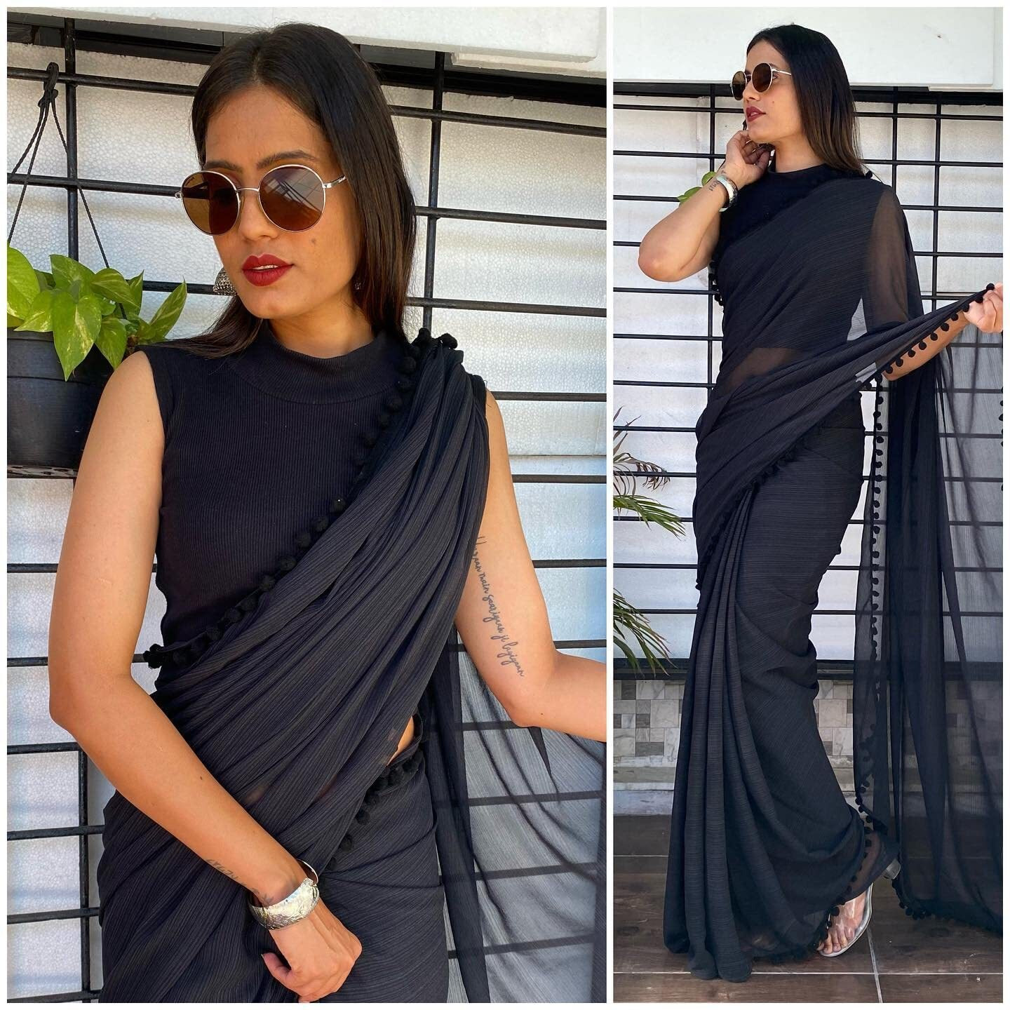 Sidhidata Womens Georgette Pom-Pom Lace Boardered Saree With Unstitched Blouse Piece (Zomato Black_Black_Free Size)