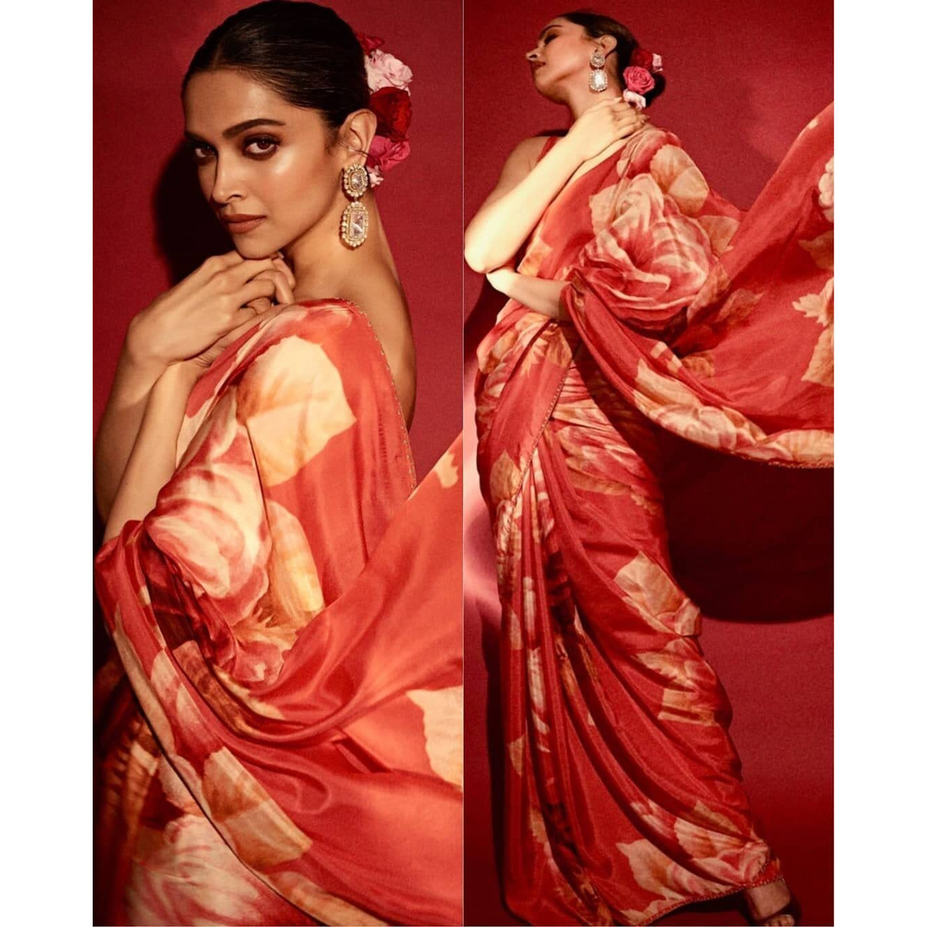 Sidhidata Womens Printed Chiffon Georgette Saree With Unstitched Blouse Piece (Deepika Flower_Peach_Free Size)