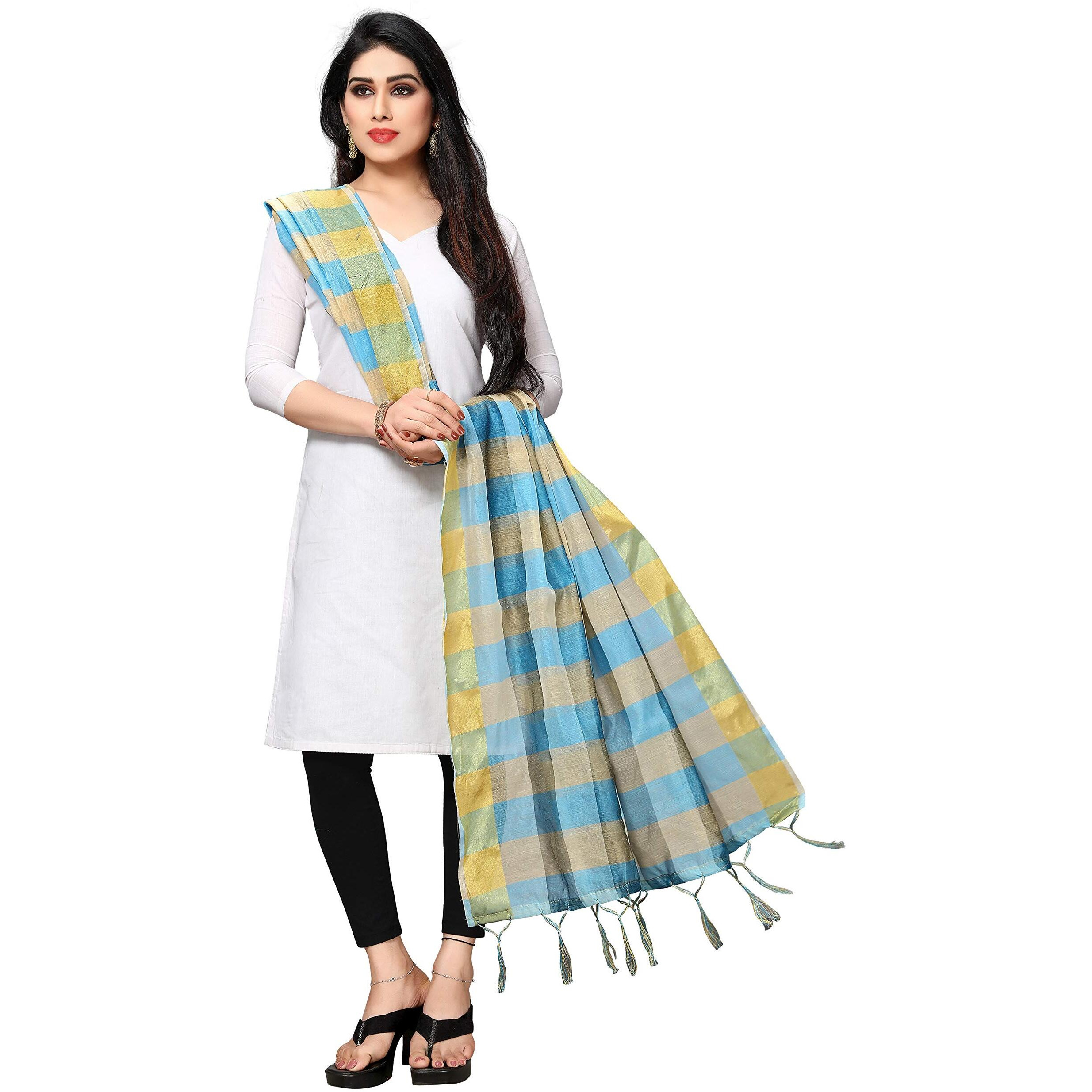 Sidhidata Womens Checkered Cotton Dupatta (Dupatta Chokda Sky Blue_Sky Blue_2.10 Meters)